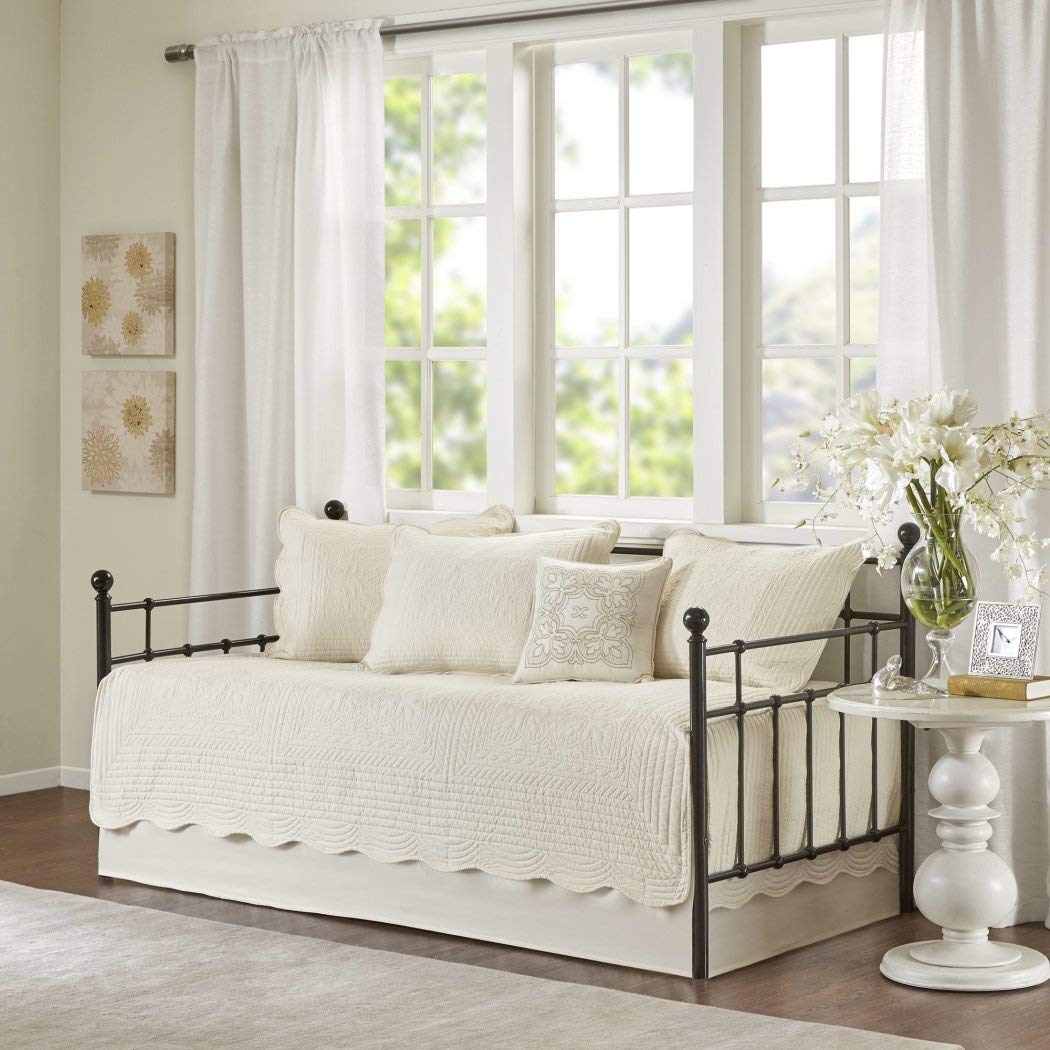6 Piece Ivory Floral Daybed Cover Set - Geometric Coastal French Country Shabby Chic Motif with Scalloped Edges, Includes Bedskirt & Pillows - Soft Polyester Fabric for Guest Room, Nursery or Beach House Decor