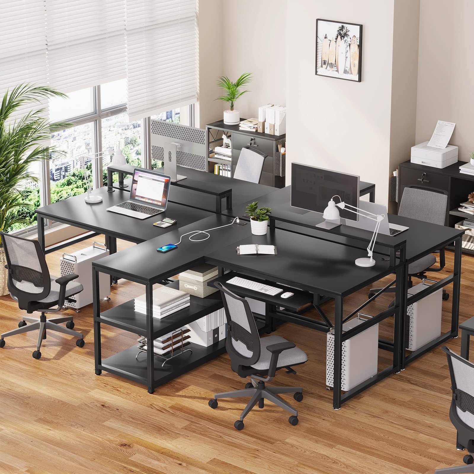 SEDETA 94.5 Inch Large Two Person Gaming Desk with LED Lights, Storage Shelves & USB Power Strip - Home Office Computer Desk with Keyboard Tray & Monitor Stand for Gamers & Remote Workers (Black) | Perfect for Multiplayer Gaming, Shared Workspaces & Home Office Setups