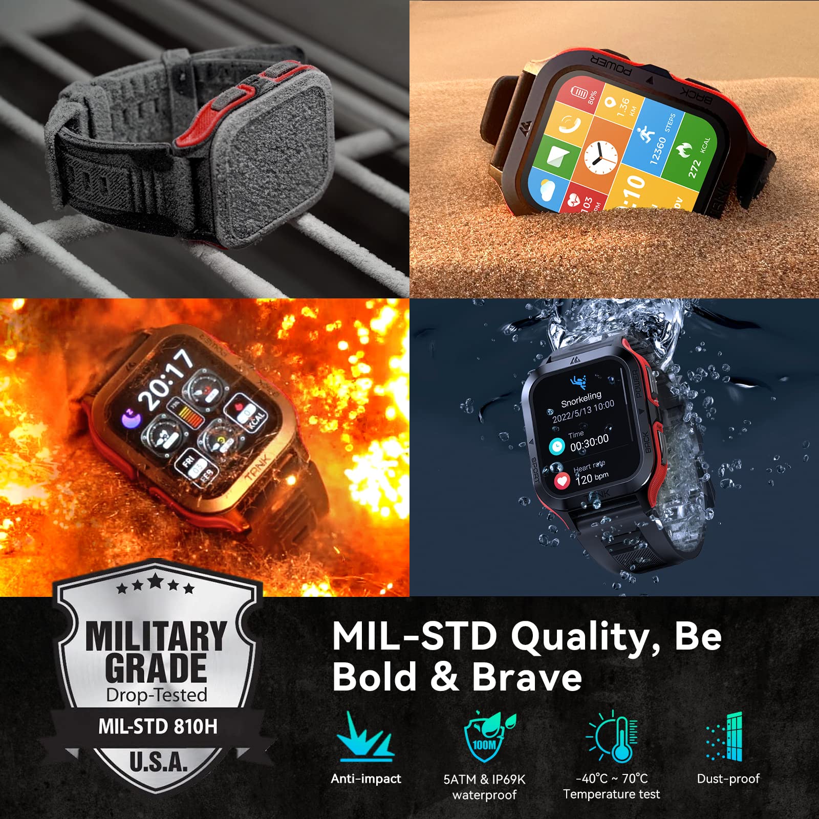 AMAZTIM Rugged Military Smart Watch with 60-Day Battery, 50M Waterproof, Bluetooth Calling, 1.85