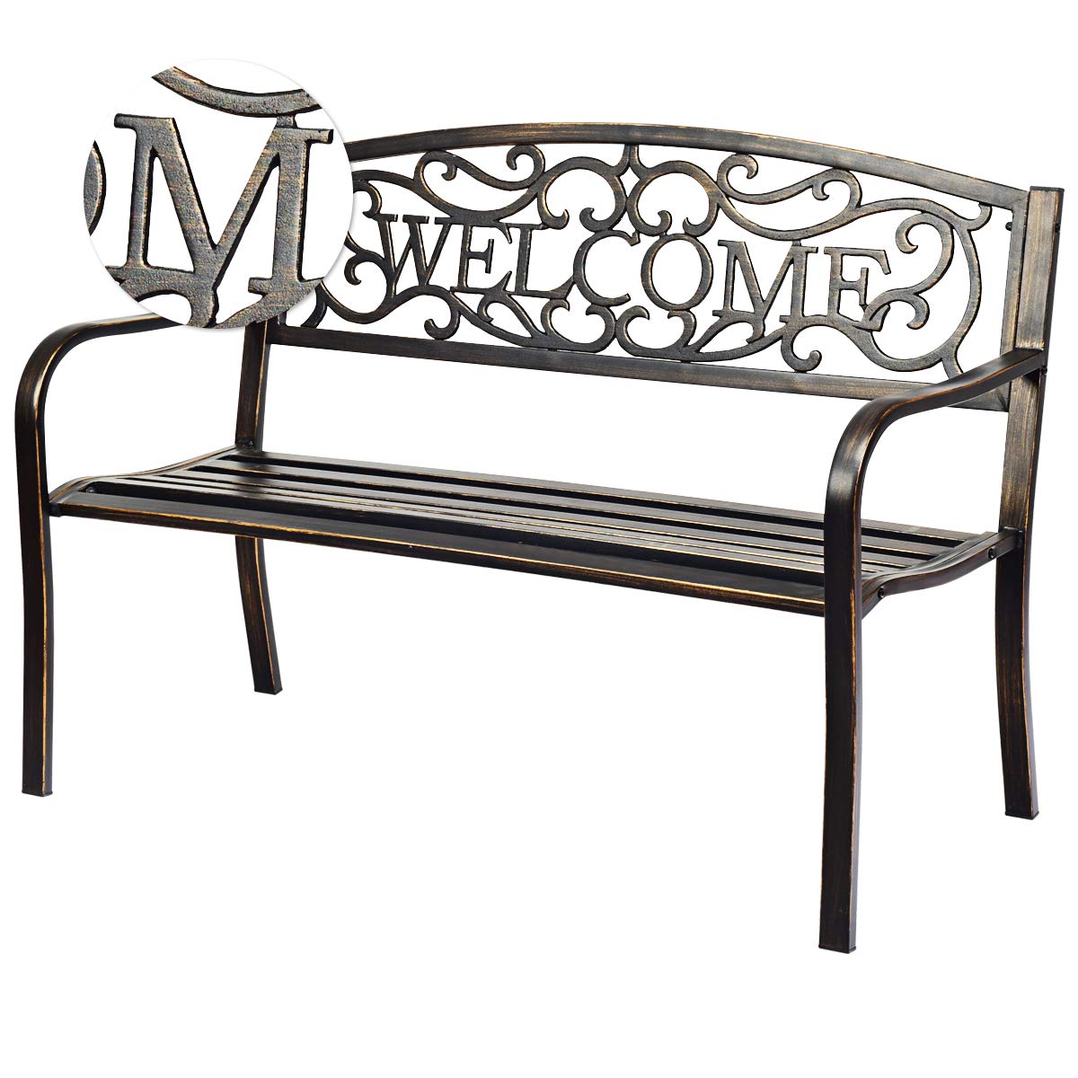 SAFSTAR Outdoor Metal Garden Bench - Weather-Resistant Cast Iron Porch Bench with Welcome Pattern for Park, Yard & Patio - Durable Front Door Bench for Outdoor Use in Bronze | Perfect for Gardens, Decks & Entryways