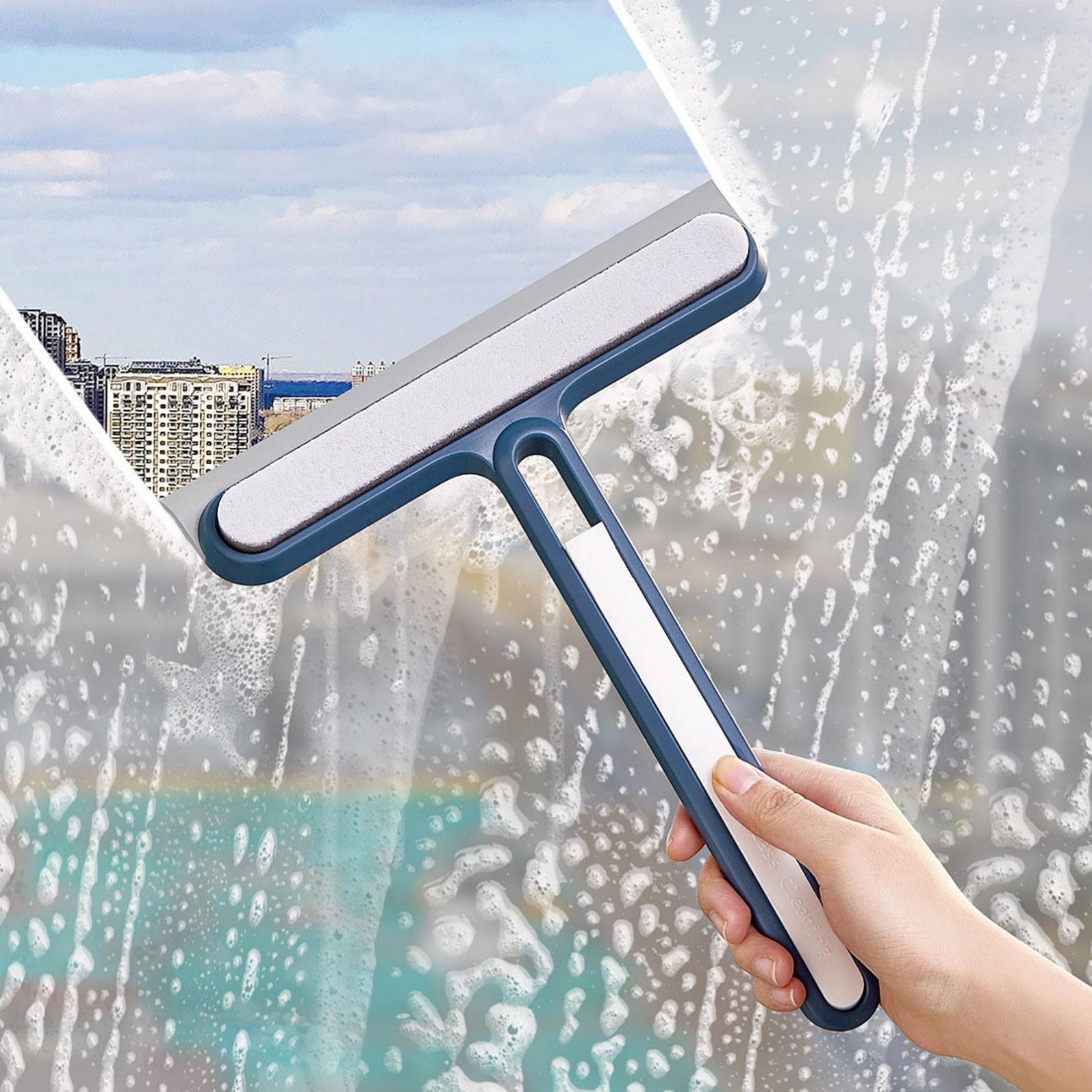 3-in-1 Glass Squeegee - Dual-Sided Wiper for Shower, Tile & Windows Cleaning (Blue)