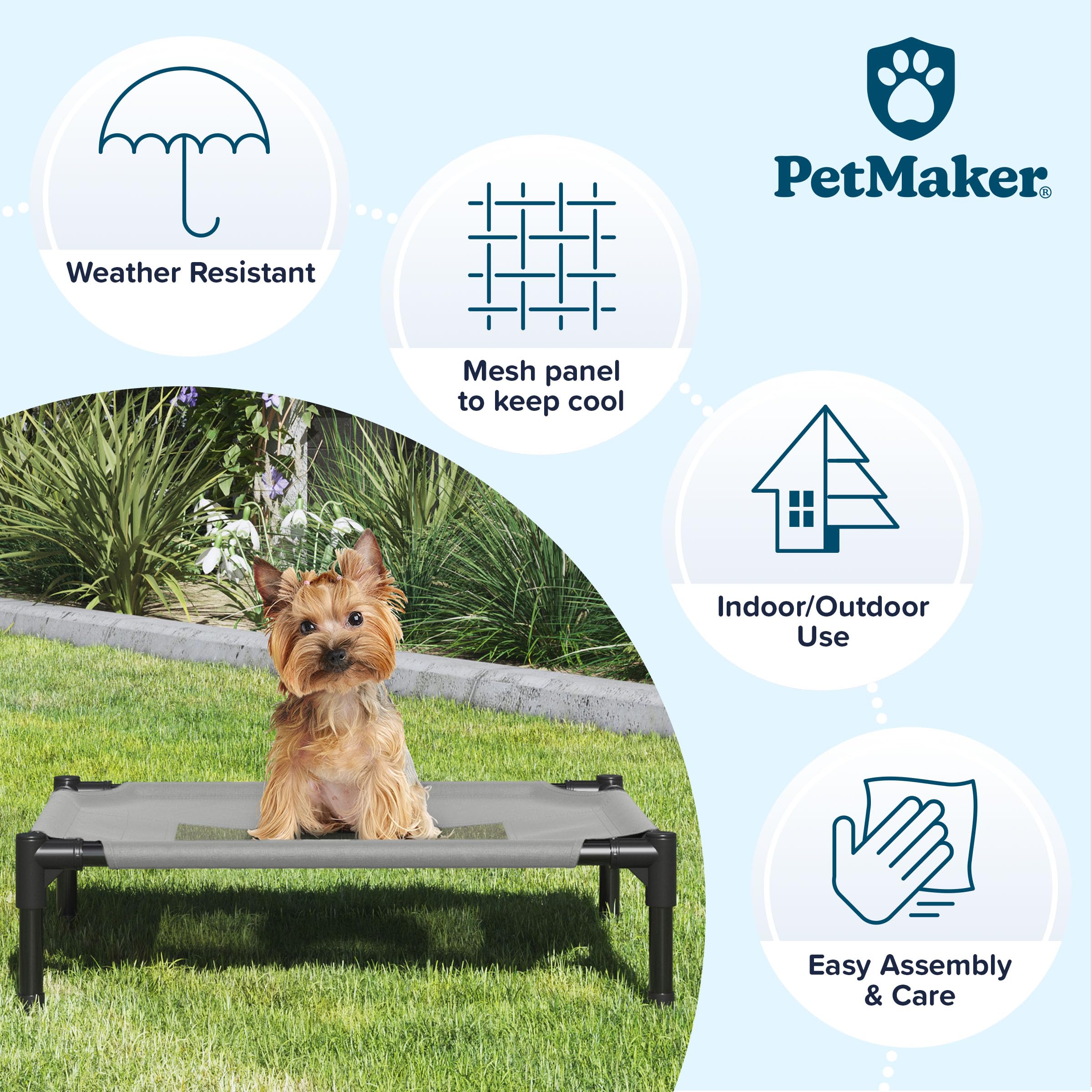 PETMAKER Elevated Dog Bed - 24.5x18.5 Inch Portable Pet Cot with Non-Slip Feet - Breathable Cooling Dog Bed for Small & Medium Dogs up to 25lbs - Indoor Outdoor Use for Home, Patio, Camping & Travel (Gray)