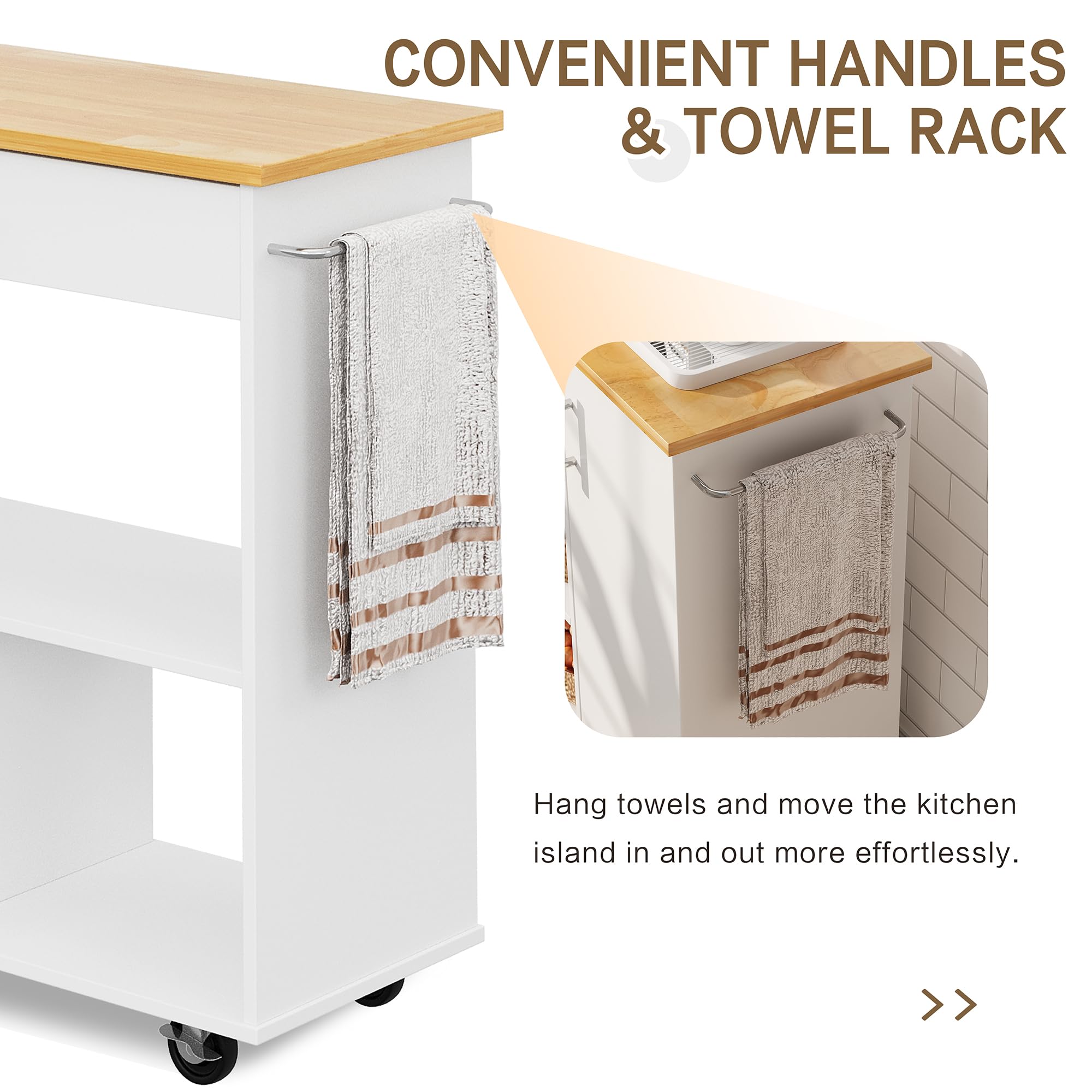 SUNLEI 3-Tier Rolling Kitchen Cart with Spice Rack & Storage Cabinet - Lockable Wheels, Towel Handle & 2 Open Shelves - White | Mobile Kitchen Island Organizer for Small Spaces, Pantry Storage & Cooking Station