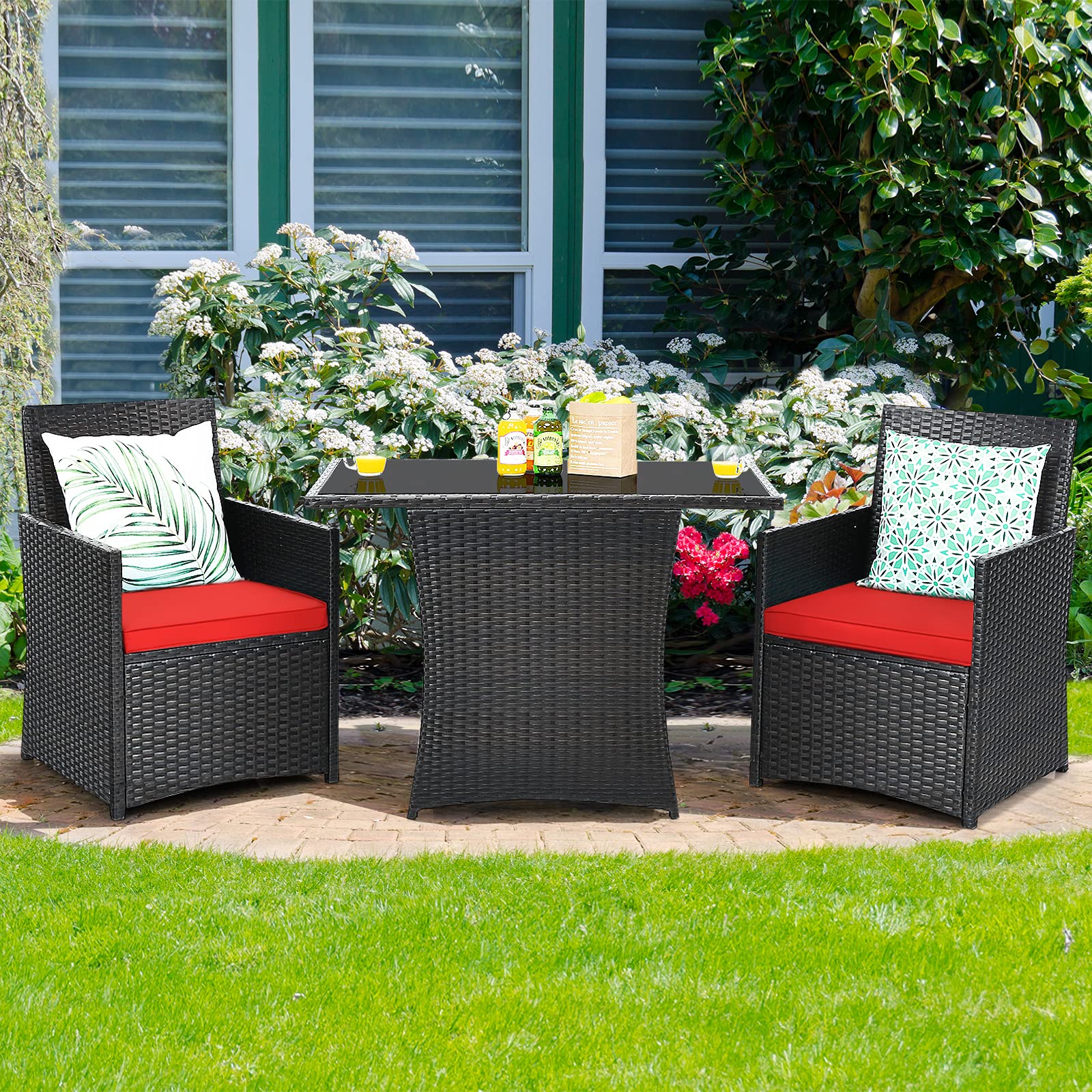 Tangkula 3-Piece Outdoor Dining Set - PE Rattan Bistro Table with Tempered Glass Top & Cushioned Chairs, Space-Saving Patio Furniture for Garden, Backyard, Poolside, Porch - Perfect for Al Fresco Dining & Outdoor Entertaining (Red)