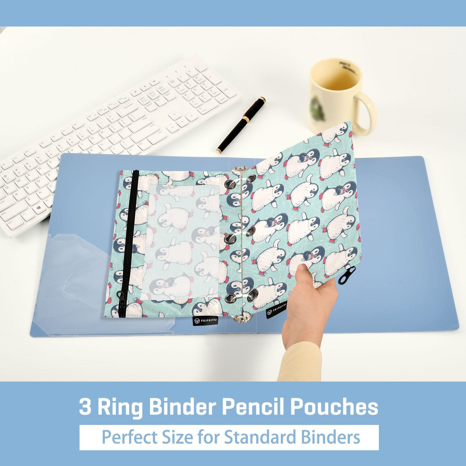 2 Pack Cute Penguins Pencil Pouch with Clear Window & Zipper for 3 Ring Binder - School, Office & College Supplies for Daily Organization