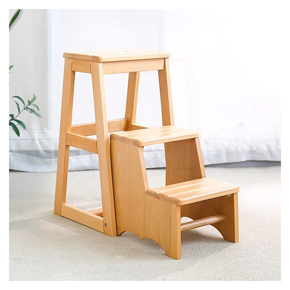 3-Step Folding Step Stool with Handles - Solid Multifunctional Ladder Stool for Kitchen, Bathroom & Home Use - Natural Wood Finish