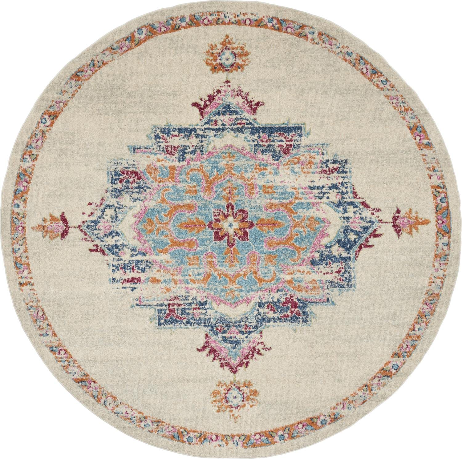 Nourison Passion Bohemian Grey/Multi 8' Round Area Rug - Easy Cleaning, Non-Shedding, Soft & Durable - Perfect for Bedroom, Living Room, Dining Room & Kitchen Decor (8' Round) | Boho Chic Home Accent for Cozy Spaces & Modern Interiors