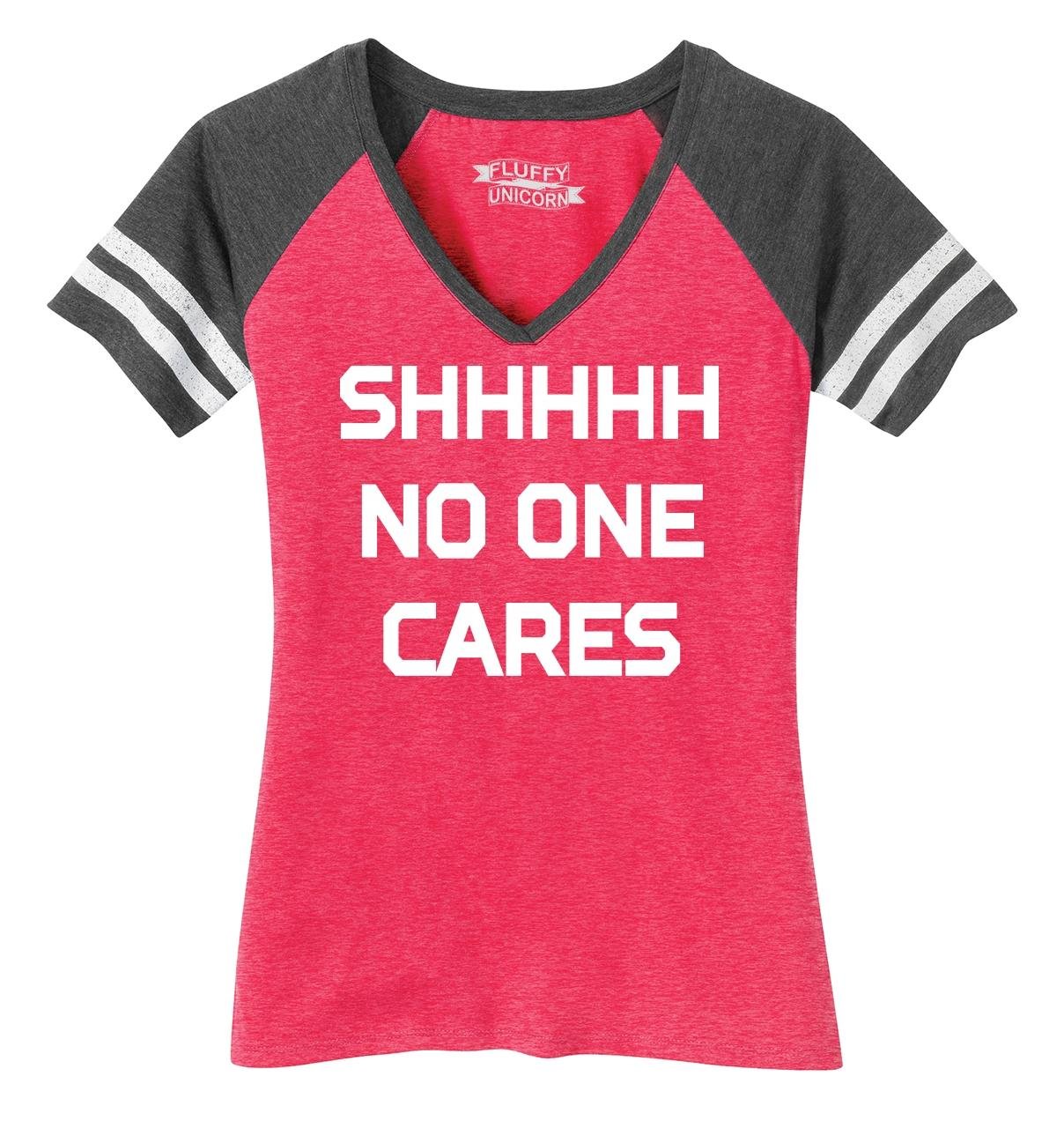 Funny Women's 'Shhh No One Cares' Comical V-Neck Party T-Shirt - Perfect for Girls Night Out, Bachelorette Parties & Casual Wear