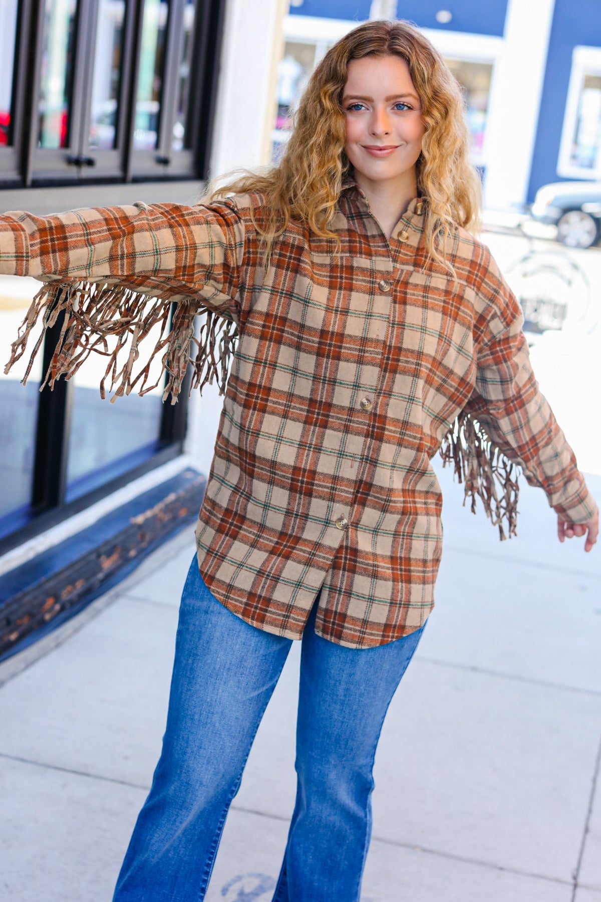 Stylish Taupe & Rust Flannel Plaid Fringe Jacket for Women - Cozy Fall Winter Layering Essential | Perfect for Outdoor Adventures, Casual Outings & Date Nights