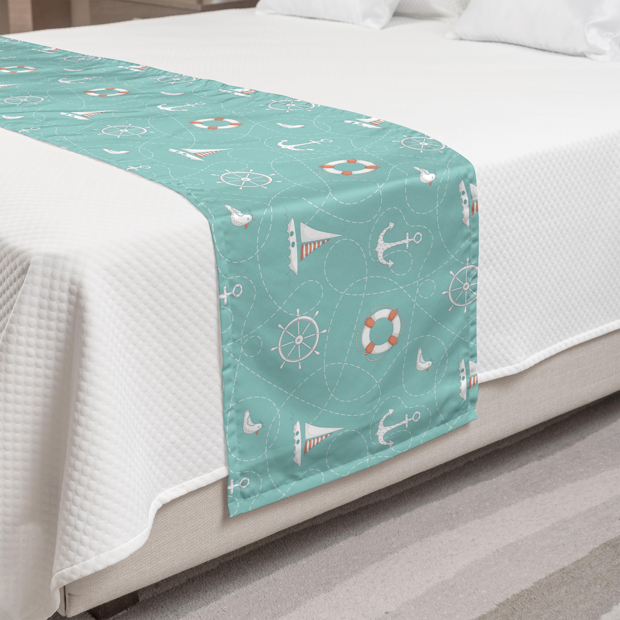 Ambesonne Nautical Anchor Bed Runner - Seagull Helm & Life Sailing Doodle Design, Decorative Bed Scarf for King Size Beds in Seafoam Salmon & White | Perfect for Coastal Themed Bedrooms, Beach House Decor & Guest Room Accents