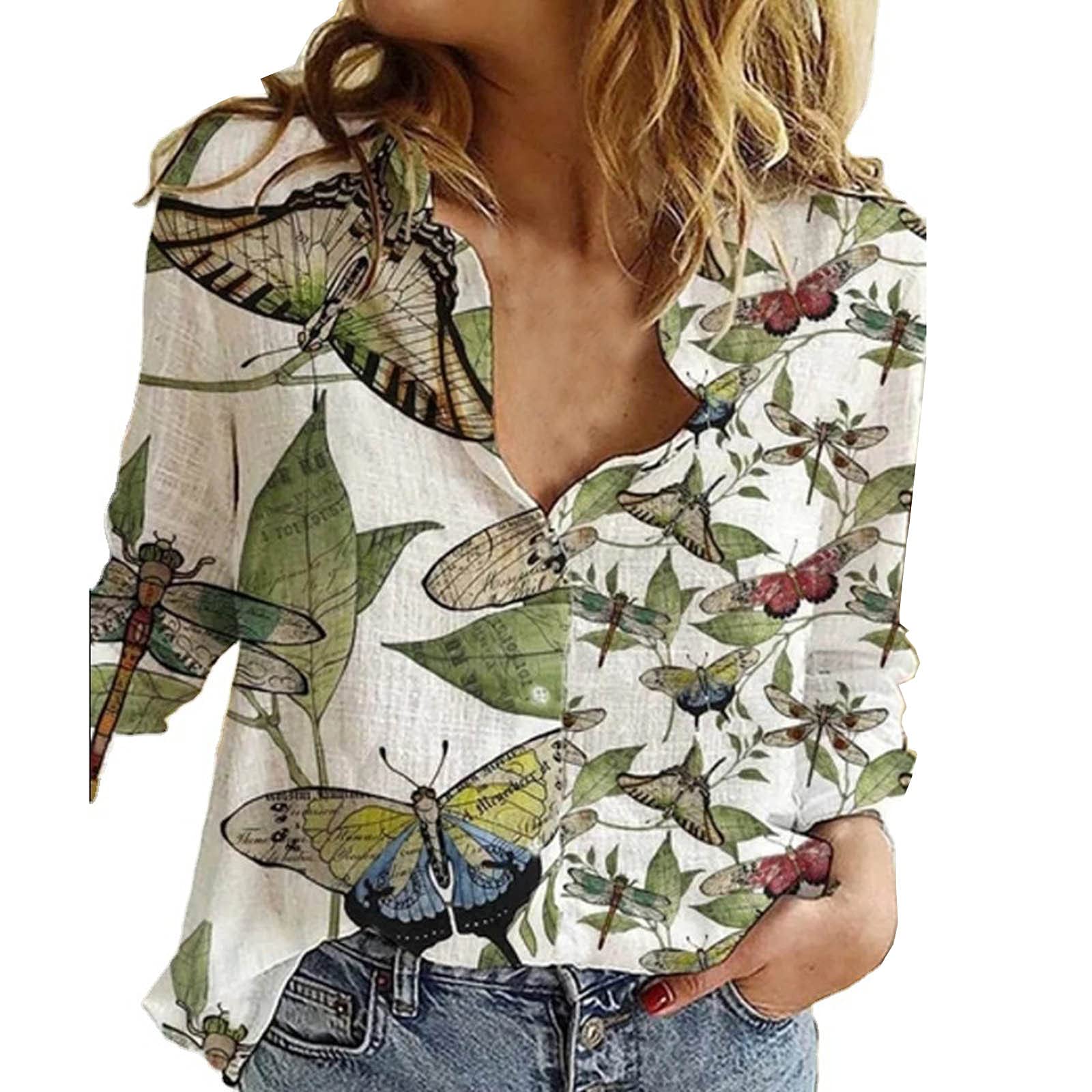 Women's Lapel V-Neck Mushroom Print Shirts - Summer Cotton Linen Long Sleeve Button Down Blouses for Casual Work & Outdoor Activities