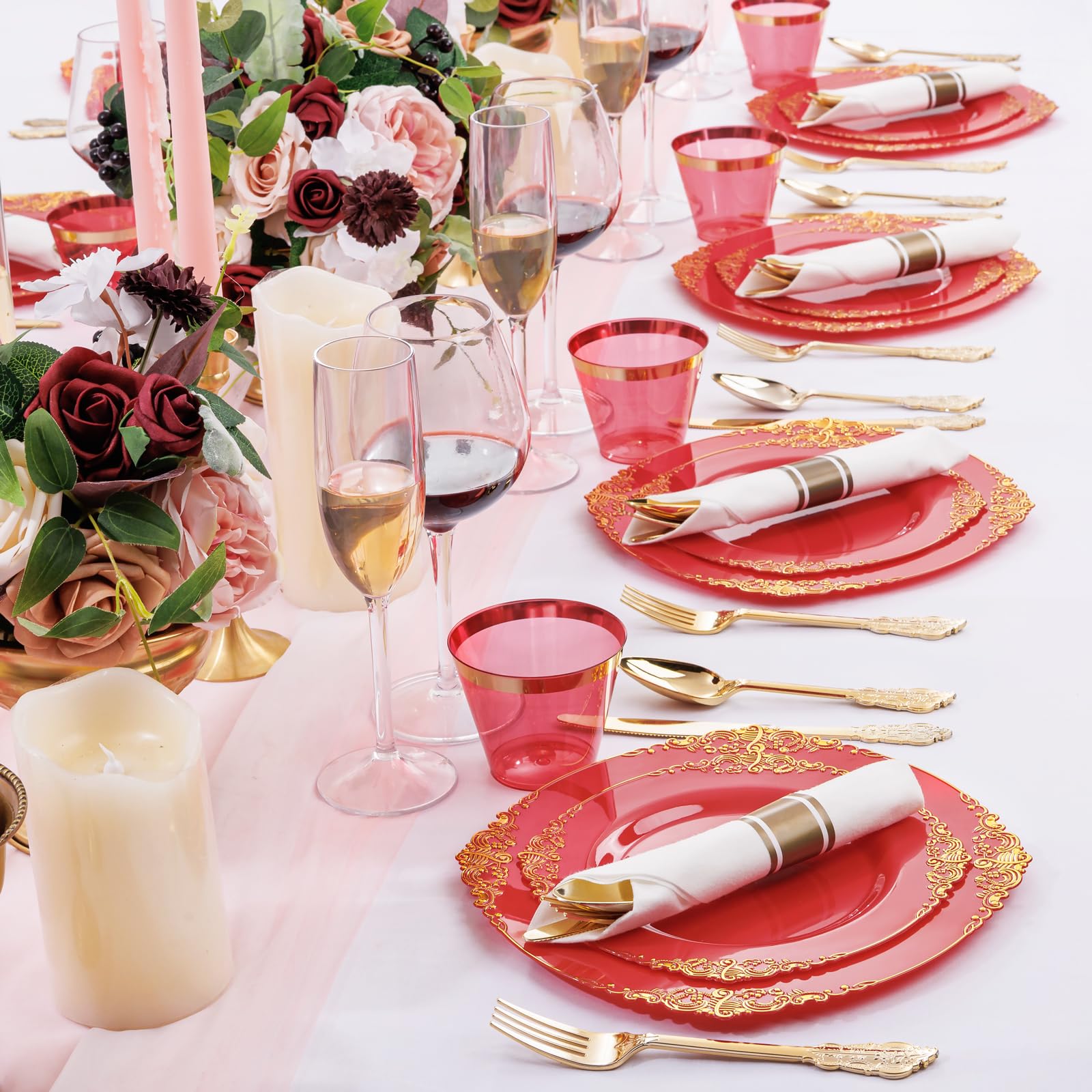 Nervure 175-Piece Disposable Red Plastic Party Dinnerware Set - 50 Plates, 75 Silverware, 25 Cups & 25 Napkins for Christmas, Birthday & Holiday Celebrations - Perfect for 25 Guests at Weddings, BBQs & Family Gatherings