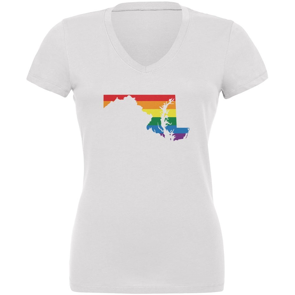 Maryland LGBT Gay Pride Rainbow White Juniors V-Neck T-Shirt - Large | LGBTQ+ Support Apparel for Pride Parades & Events
