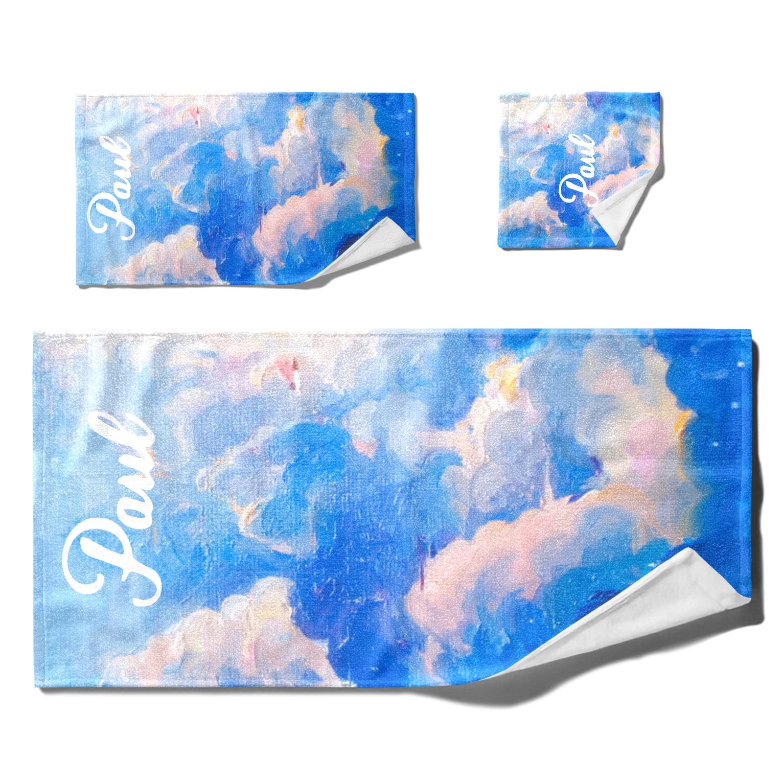 Custom Personalized Blue Sky Beach Towel Set of 3 with Name - Quick Dry Multipurpose Towels (1 Bath + 1 Hand + 1 Washcloth) for Bathroom Decor, Sun Protection & Poolside Relaxation
