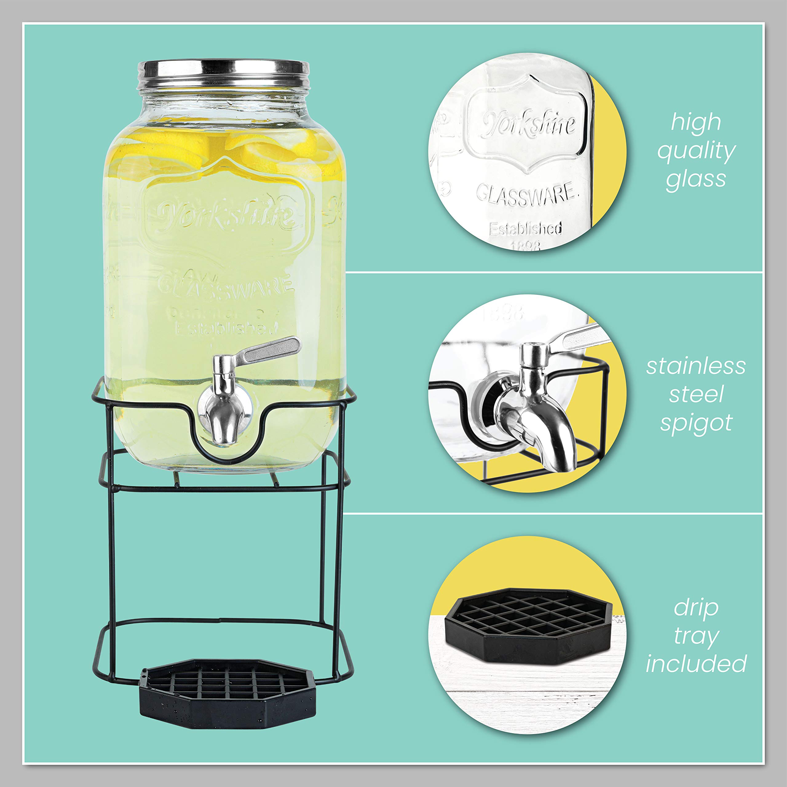 1 Gallon Glass Beverage Dispenser with Stainless Steel Spigot & Metal Stand - Large Mason Jar Drink Dispenser for Parties, Weddings, BBQs, Sun Tea, Iced Tea, Kombucha - Perfect for Outdoor Events, Catering & Home Entertaining