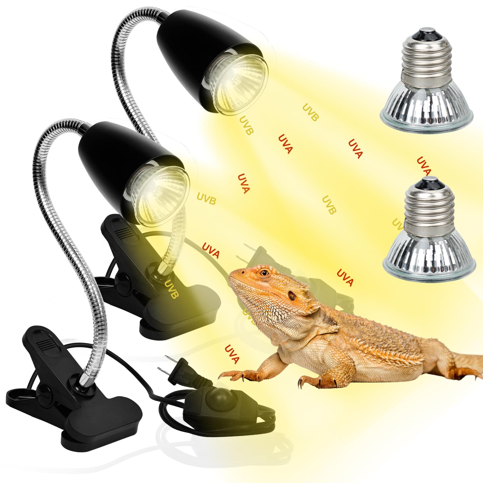 2 Pack Reptile Heat Lamp with 360° Rotatable Hose & Timer - UVA/UVB Basking Light for Bearded Dragons, Turtles, Snakes & Lizards - Includes 4 Bulbs & 2 Heating Clips - Perfect for Terrariums & Reptile Habitats