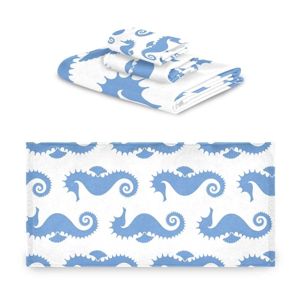 Premium Soft Animal Ocean Sea Horse Towel Set (1 Bath Towel, 1 Hand Towel, 1 Washcloth) - Ultra Absorbent & Quick Dry for Bathroom, Hotel, Spa & Beach Use