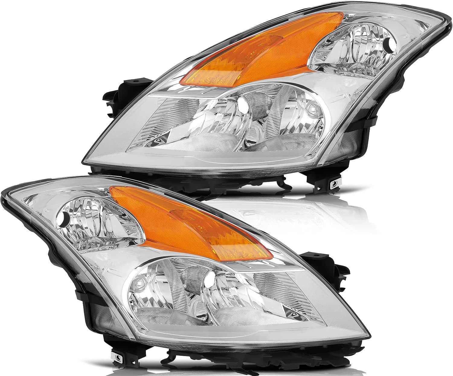 2007-2009 Nissan Altima Headlight Assembly - Chrome Housing, Amber Reflector, Clear Lens (Driver & Passenger Side) | Durable Replacement for Night Driving & Foggy Conditions