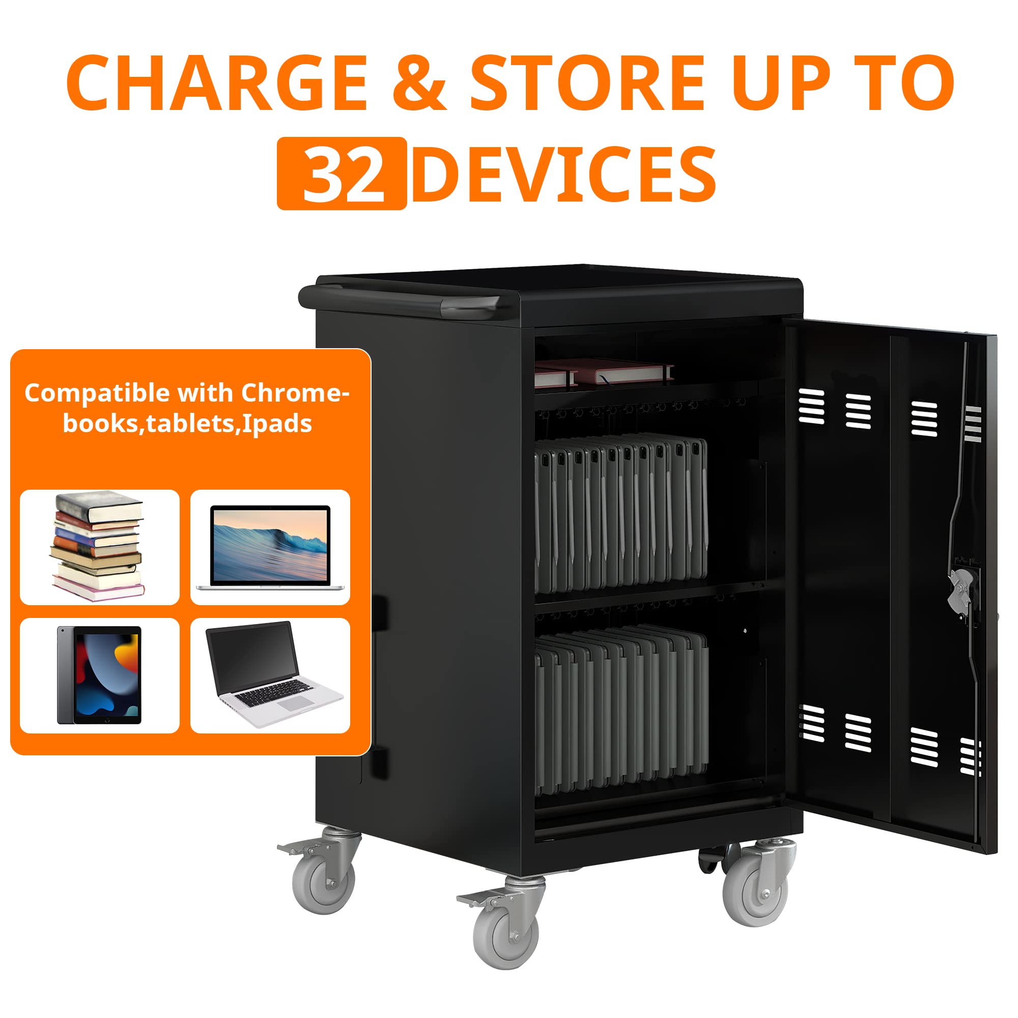 32 Device Rolling Laptop Charging Cart with Surge Protection - 10-Pack Mobile Charging & Storage Cabinet for Chromebooks, Front & Back Access Locking, Black - Ideal for Schools, Offices, and Tech Labs