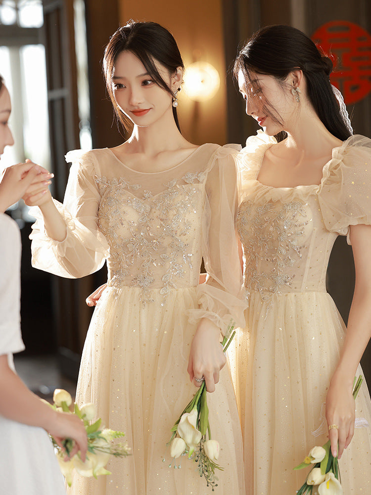 Elegant Champagne A-Line Long Prom Dress - Shiny Formal Party Gown & Bridesmaid Dress for Weddings, Homecoming, Quinceañera & Special Occasions