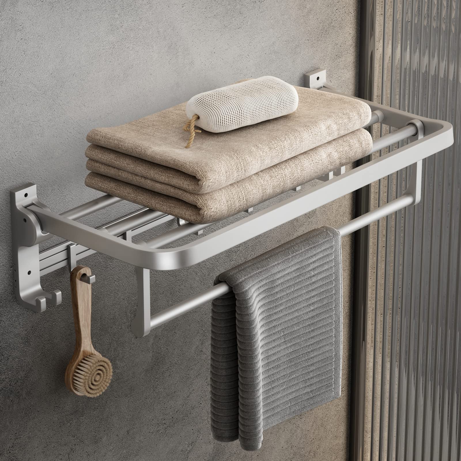 Foldable Wall Mounted Towel Rack with Bar & Hooks - 23.6 Inch Bathroom Towel Organizer Shelf in Matte Silver - Perfect for Small Bathrooms, Laundry Rooms & Spa Spaces