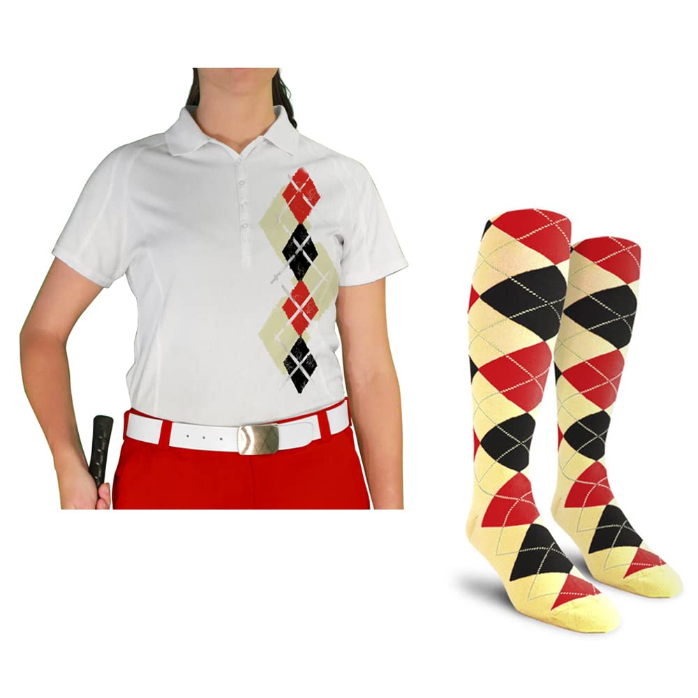 Dry Fit Short Sleeve Graphic Golf Polo Shirt with Socks for Women - Argyle Paradise (A-Z) | Moisture-Wicking Performance Top & Comfy Socks Set for Golf, Tennis & Casual Wear