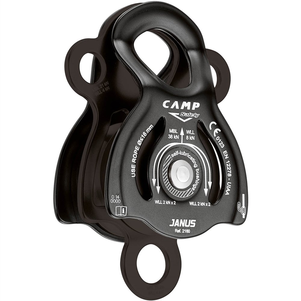 Camp Janus Large Double Pulley Black - Heavy Duty Climbing & Rescue Gear for Outdoor Adventures, Camping, and Tactical Use
