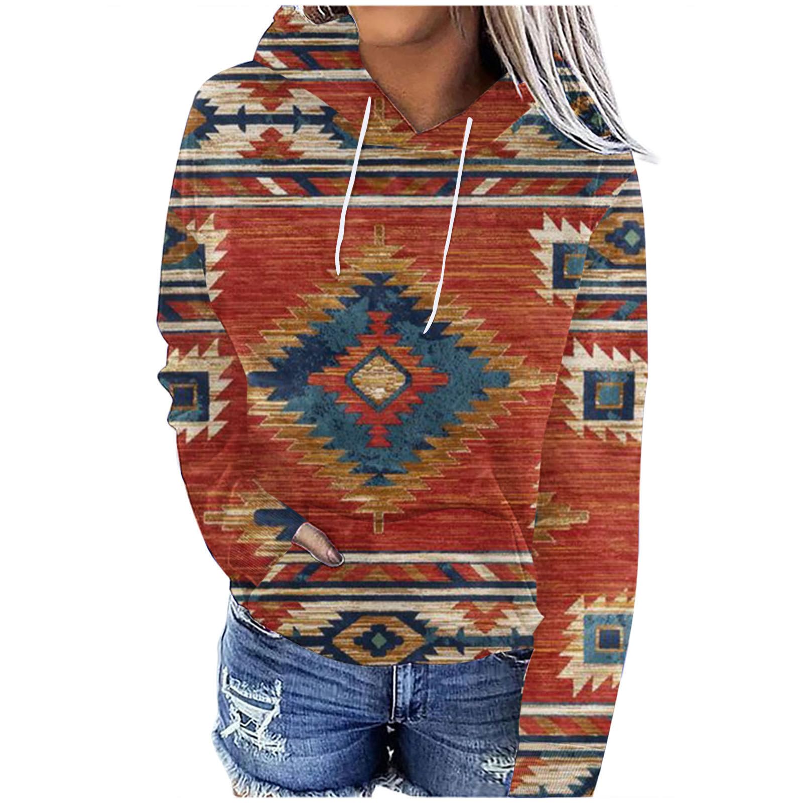 Ceboyel Women's Aztec Print Hooded Sweatshirt - Vintage Ethnic Graphic Pullover for Casual Fall Outfits, Perfect for Outdoor Adventures and Cozy Evenings