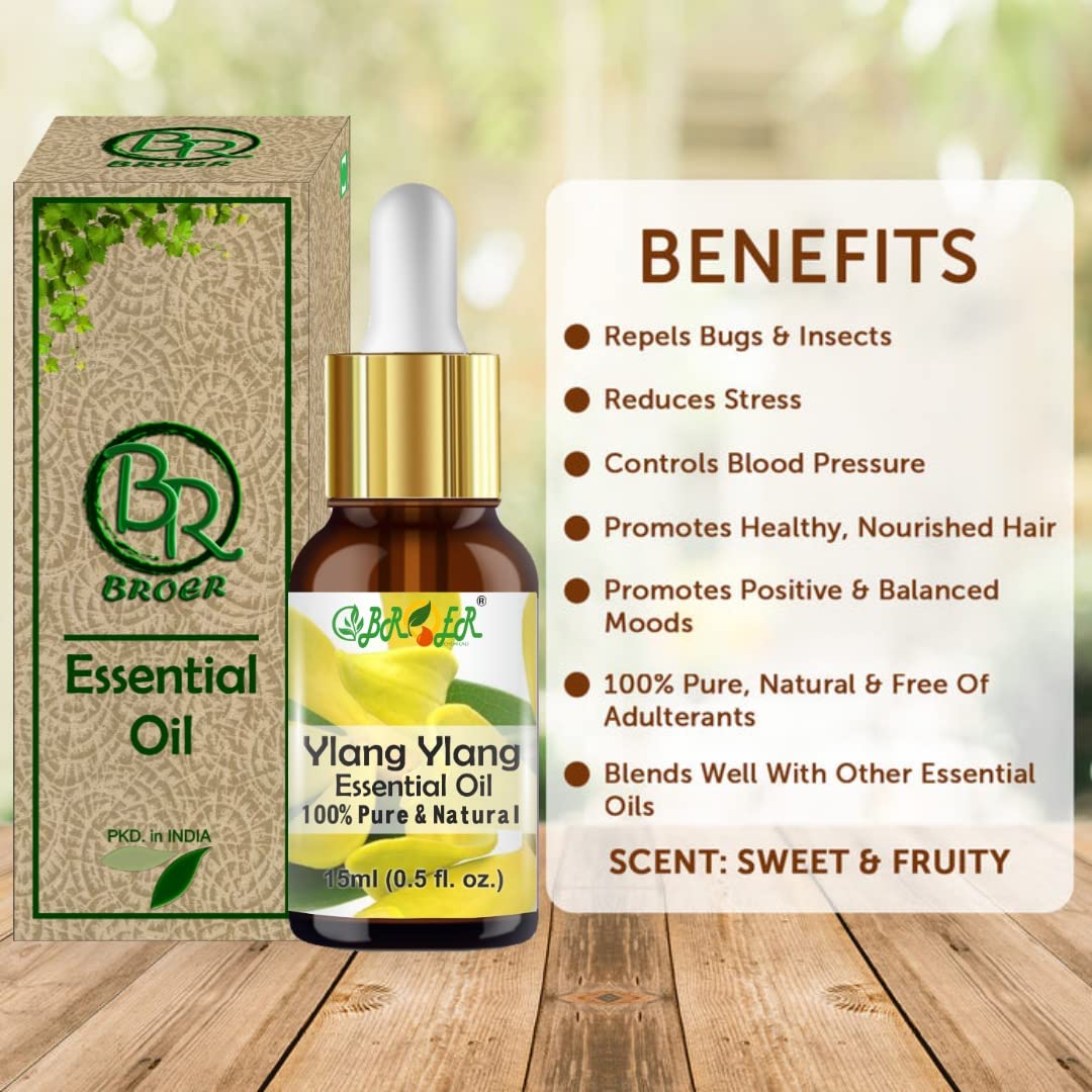 BROER 100% Pure Ylang Ylang & Rose Essential Oil Set - 15ml Each, Undiluted Natural Aromatherapy Oils for Skin Care, Hair Growth & Relaxation - Perfect for Diffusers, Massage & DIY Beauty Products (2-Pack, 30ml Total)