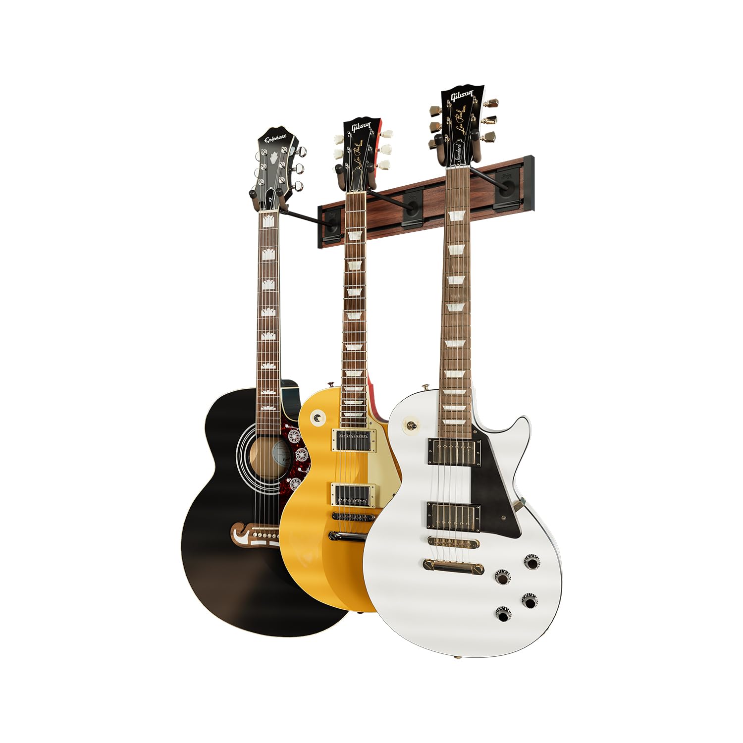 Premium String Swing Guitar Wall Rack - Heavy Duty Wall Mount for Acoustic & Electric Guitars (3 Padded Hangers & Black Walnut Rail) - Made in USA - Perfect for Home Studios, Music Rooms & Stage Performances