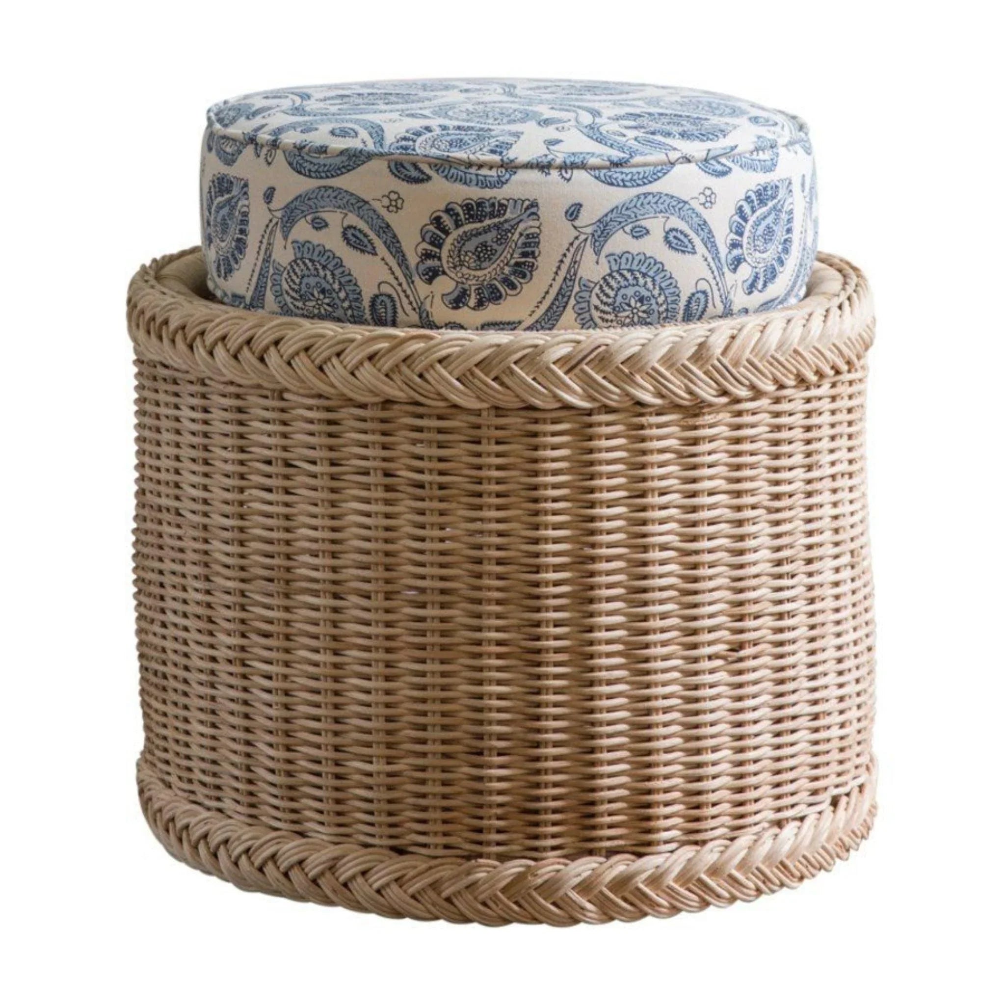 Braided Wicker Chatham Upholstered Footstool - Comfortable Ottoman for Living Room, Bedroom & Nursery - Perfect Accent Furniture for Relaxing & Decor