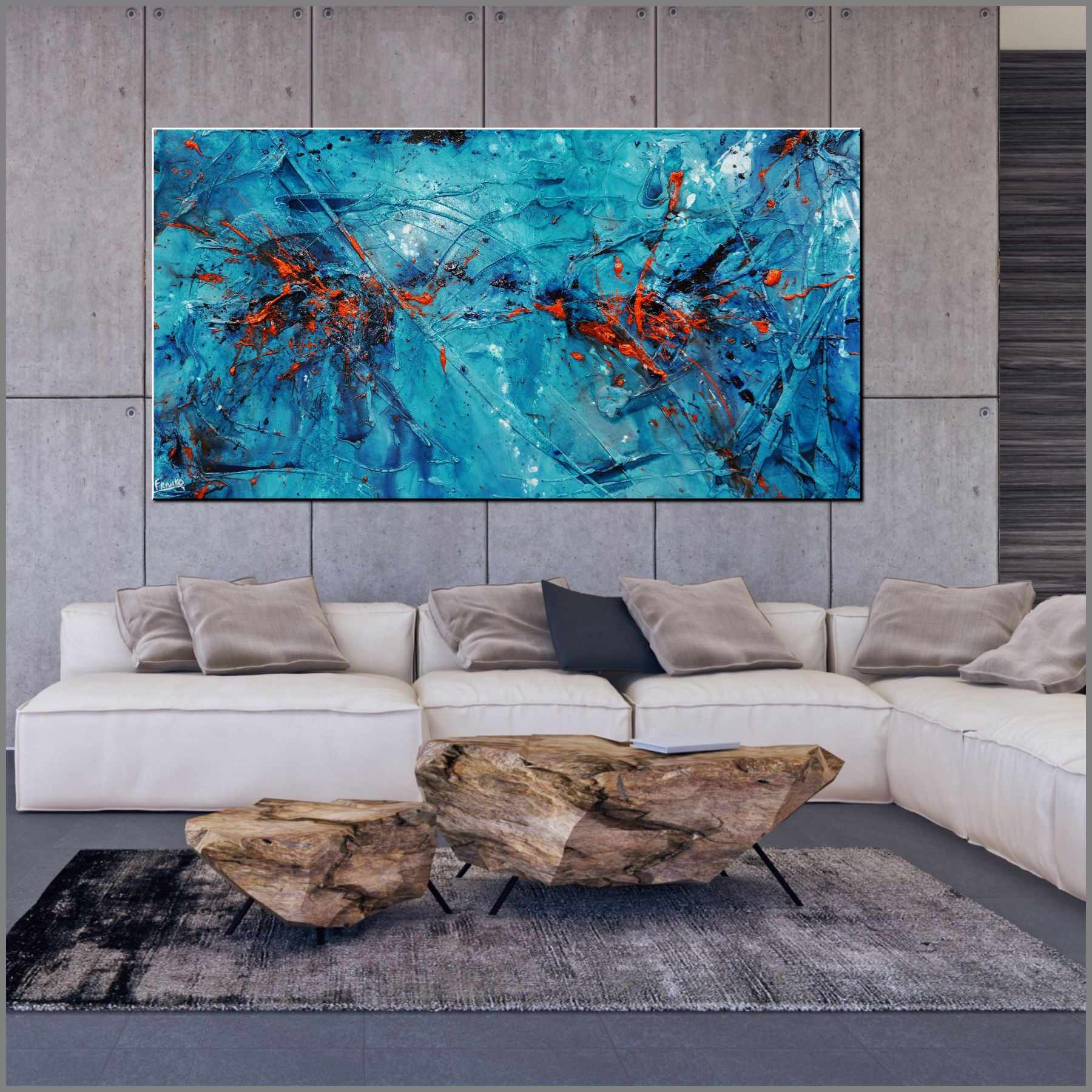 Blue Orange Textured Abstract Painting - 190cm x 100cm Large Modern Wall Art for Living Room, Bedroom & Office Decor | Liquid Candy Style Canvas Art