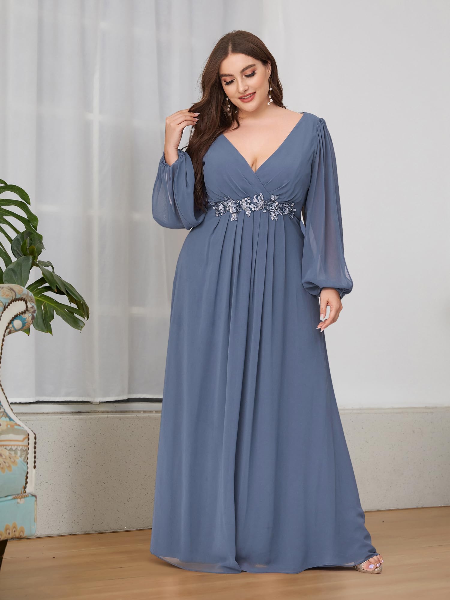 Ever-Pretty Plus Size Women's Formal Dress - Floor Length V-Neck Floral Applique Lantern Sleeves Evening Gown for Curvy Women | Wedding Guest, Prom, Cocktail Party, Special Occasion