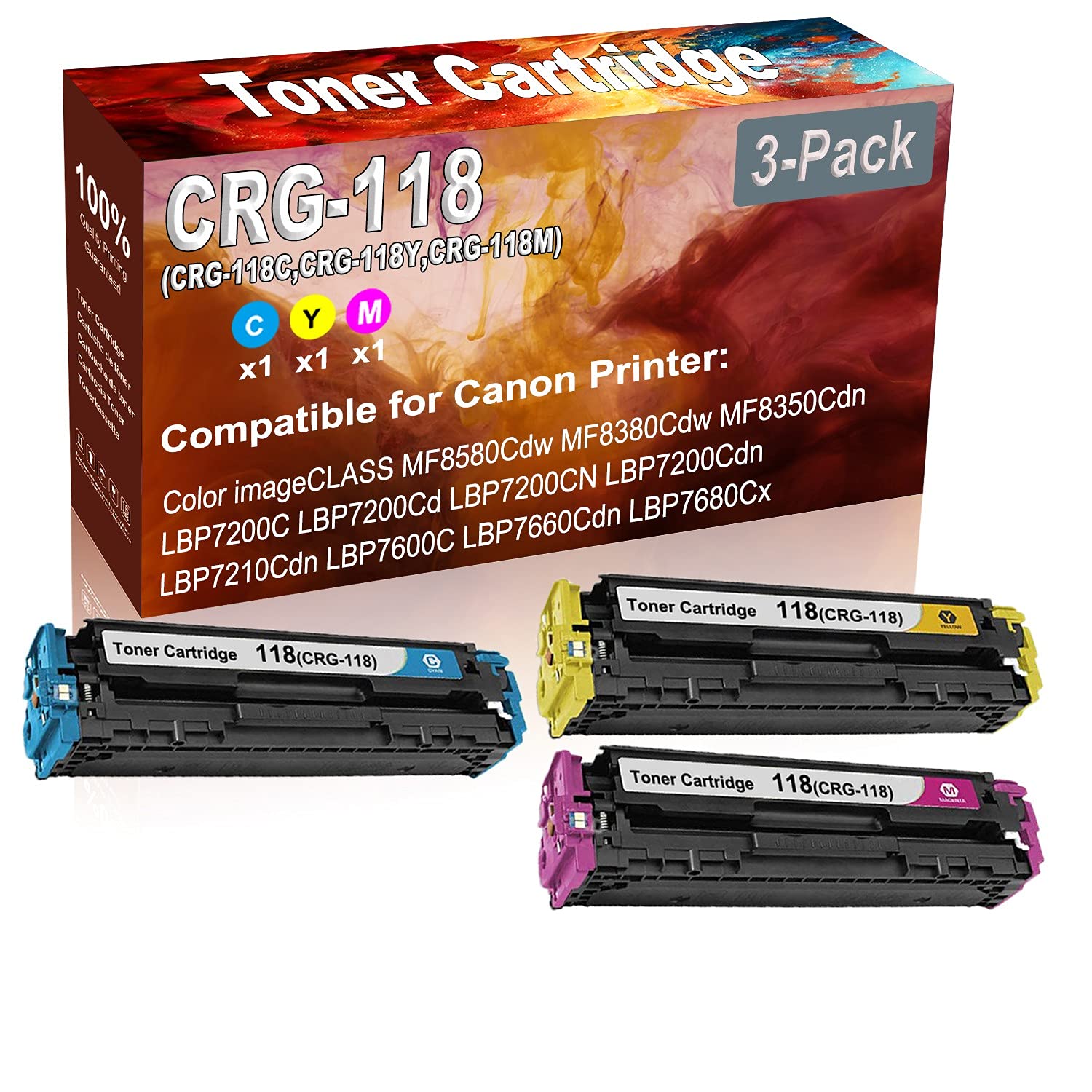 3-Pack High Yield Compatible Toner Cartridge for Canon MF8580Cdw MF8380Cdw MF8350Cdn LBP7200C Printers - Replacement for CRG-118 (Cyan, Yellow, Magenta) | Ideal for Office Printing, Business Documents & High-Volume Color Printing
