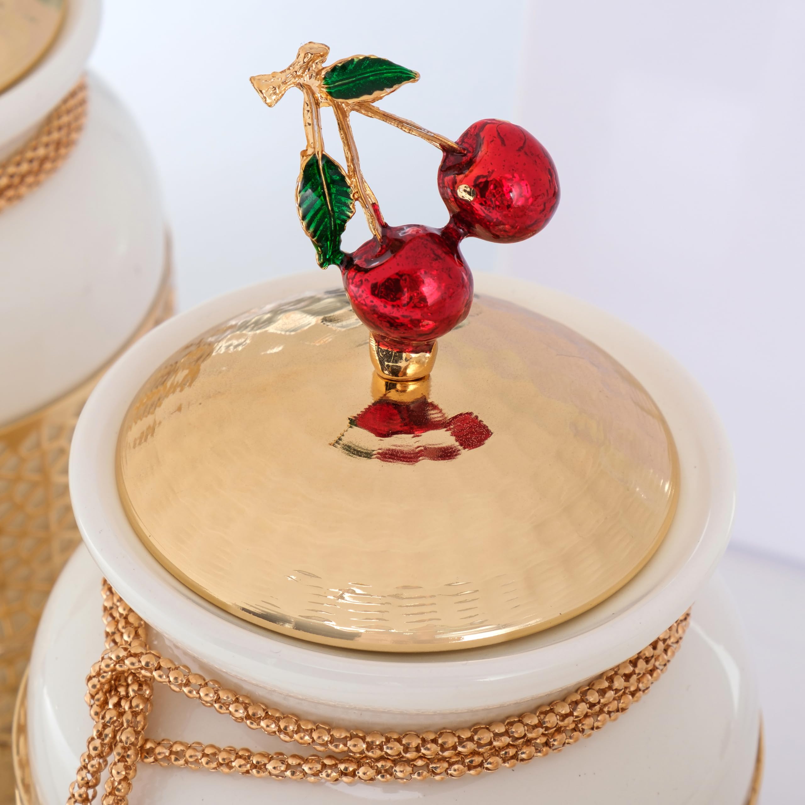 Ceramic Kitchen Canisters Set of 3 with Metal Lids - Airtight Storage Containers for Coffee, Tea, Sugar & Spices | Handmade Countertop Mason Cookie Jars in Gold Cherry Finish | Perfect for Pantry Organization & Coffee Station Decor