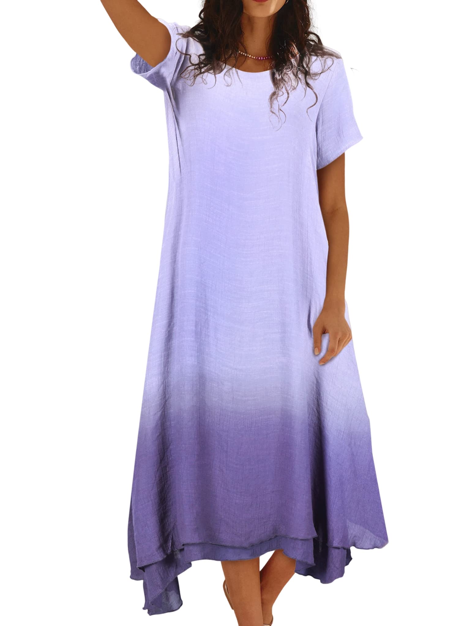 Yukiwi Women's Tie Dye Linen Maxi Dress - Short Sleeve Summer Casual Sundress for Beach, Vacation & Outdoor Activities