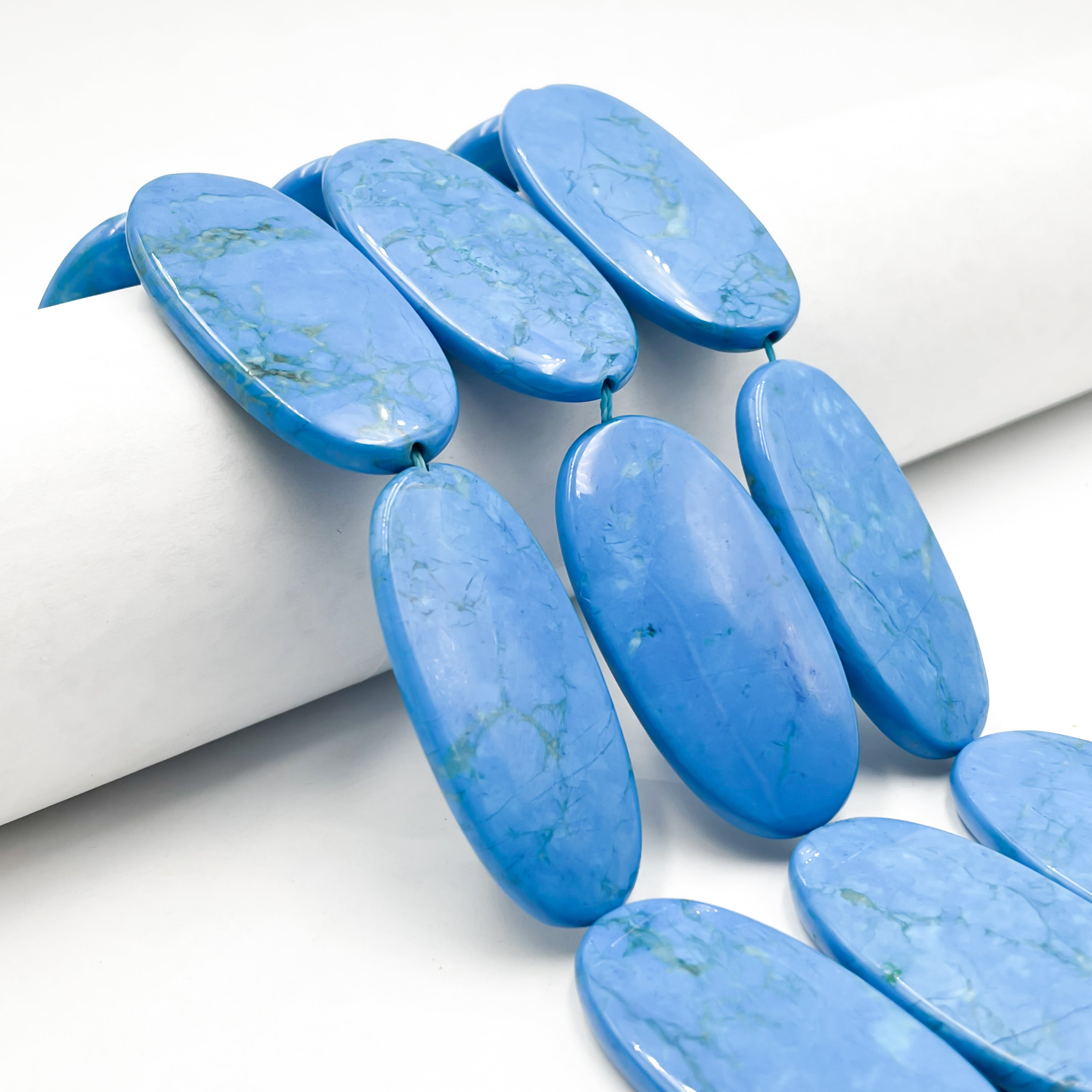 Blue Howlite Turquoise Flat Oval Beads - 24x49mm Size, 15.5 Inch Strand - Perfect for Jewelry Making, DIY Bracelets & Necklaces