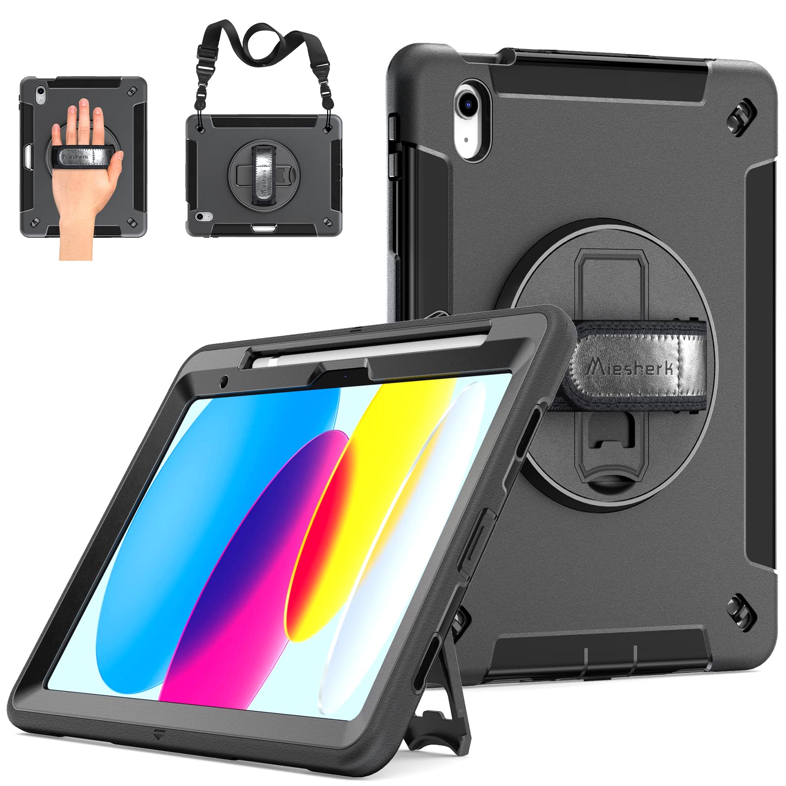 Military Grade Shockproof iPad 10th Gen Case (2022 Model) - Heavy Duty Protective Cover with Stand, Hand/Shoulder Strap & Apple Pencil Holder for 10.9 Inch iPad - Perfect for Travel, Work & Outdoor Use - Black