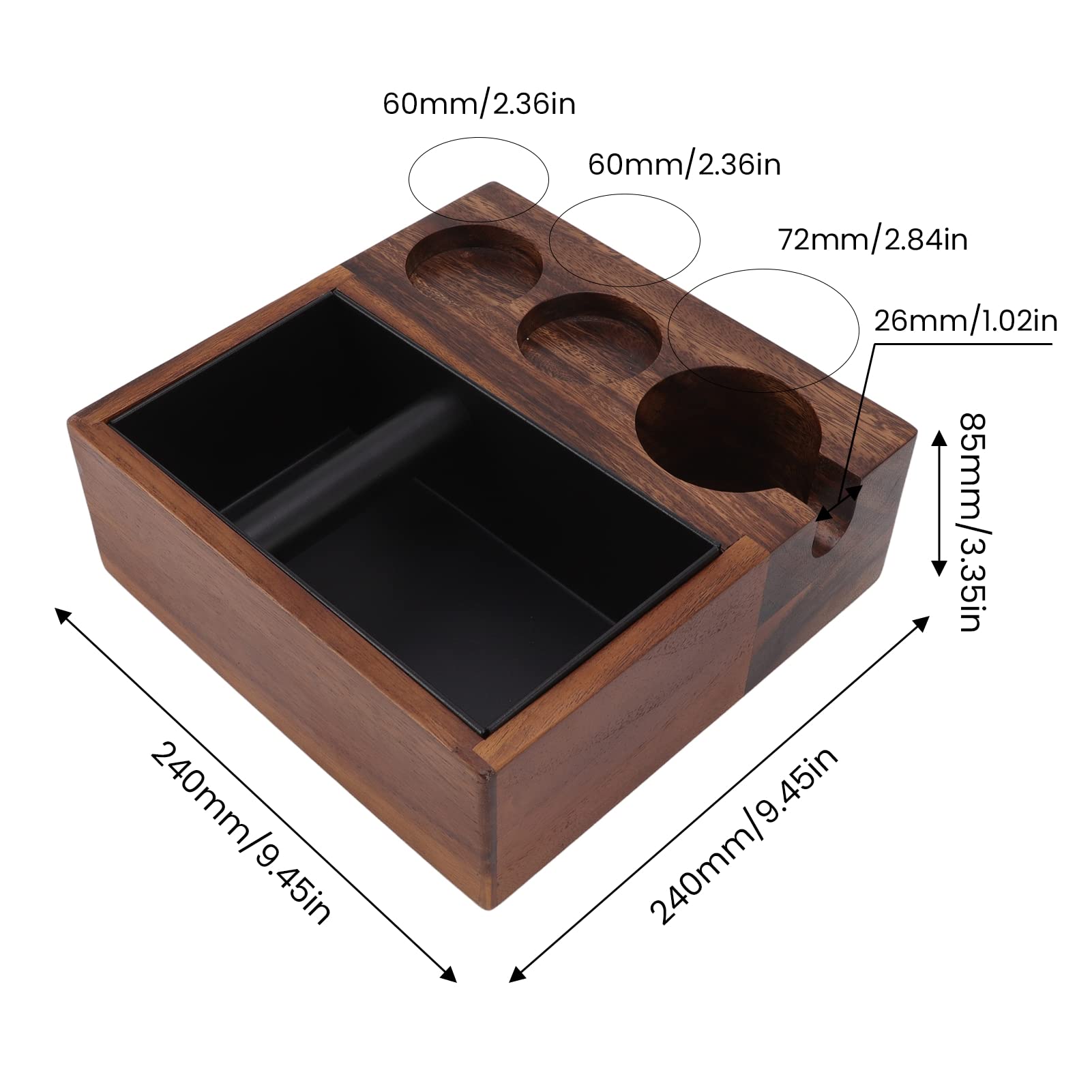 Premium Walnut Wooden Coffee Tamping Stand - 4-in-1 Espresso Tamper Holder with Knock Box & Slag Container - Professional Coffee Distributor Station for Baristas, Home Brewing, Cafés & Office Use