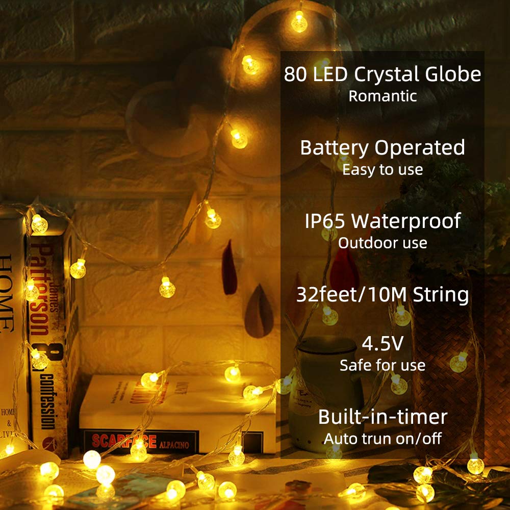 Metaku 33ft 80LED Globe Fairy String Lights with Remote - Waterproof Battery Operated Indoor/Outdoor Decorative Lighting for Christmas, Wedding, Party, Patio & Garden - Perfect for Home Decor, Backyard Ambiance and Holiday Celebrations