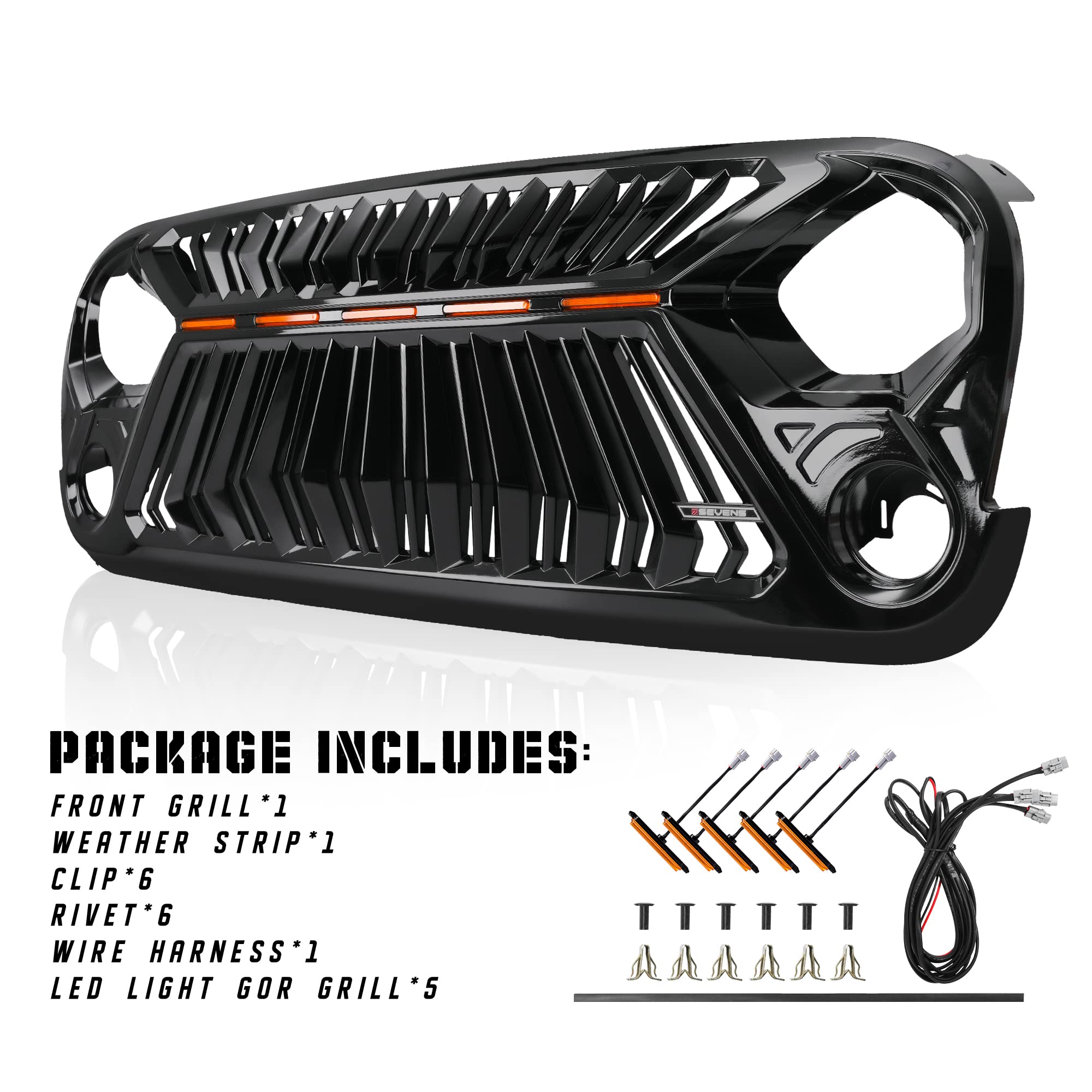 SEVEN SPARTA Jeep Wrangler JK/JKU Front Grill (2007-2018) - Thunderfury Style with 5 LED Grille Lights, Strip, Clips & Rivets - Gloss Black Paint | Off-Road Upgrade & Customization Accessory