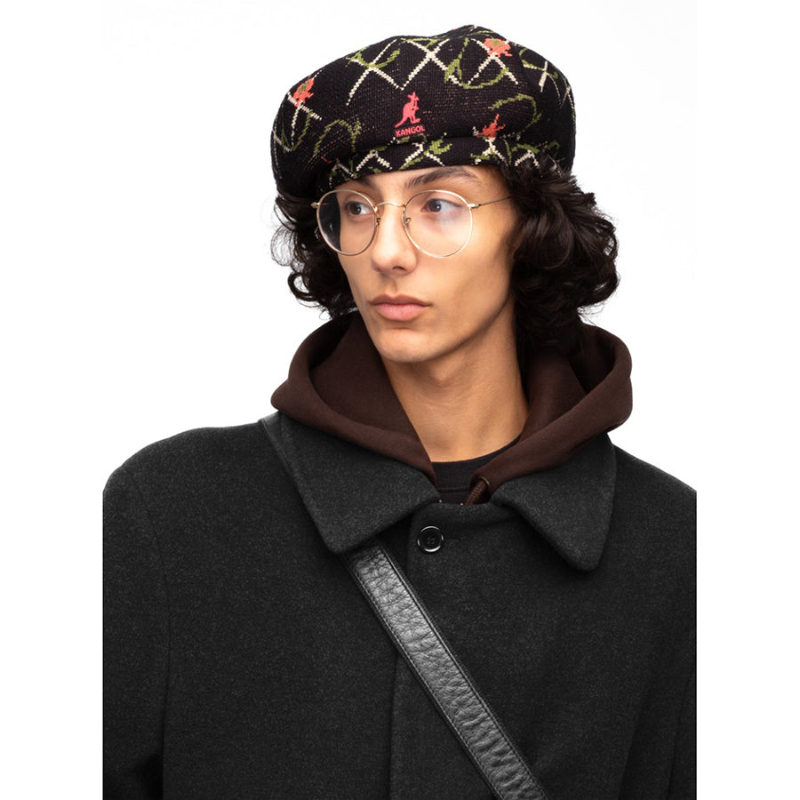 KANGOL TAPESTRY JAX BERET - Black Floral Print Wool Blend Hat for Women | Stylish Fashion Accessory for Winter, Fall & Outdoor Activities