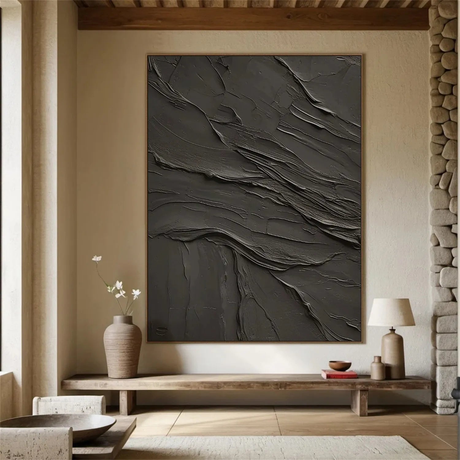 Black Plaster Art Minimalist Textured Painting - Modern Abstract Wall Decor for Living Room, Bedroom & Office | Contemporary Home Artwork #MZ111
