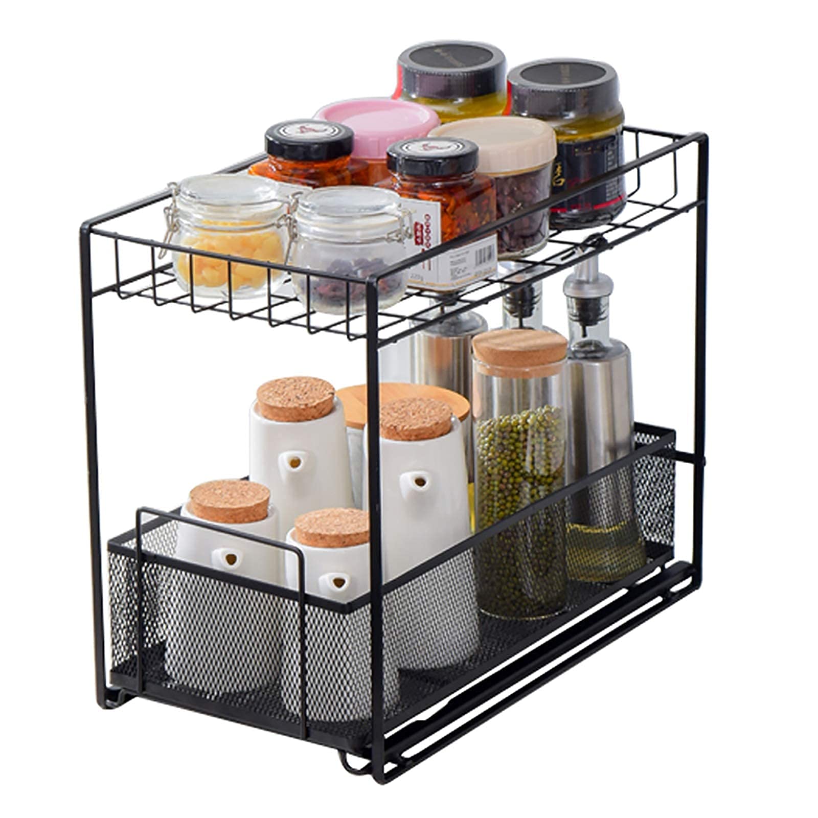 2-Tier Under Sink Organizer with Sliding Drawer - Space Saving Kitchen & Bathroom Storage Shelf for Spices, Cleaning Supplies - Non-Slip Cabinet Organizer for Home, Office (White) - Perfect for Small Spaces & Clutter-Free Countertops