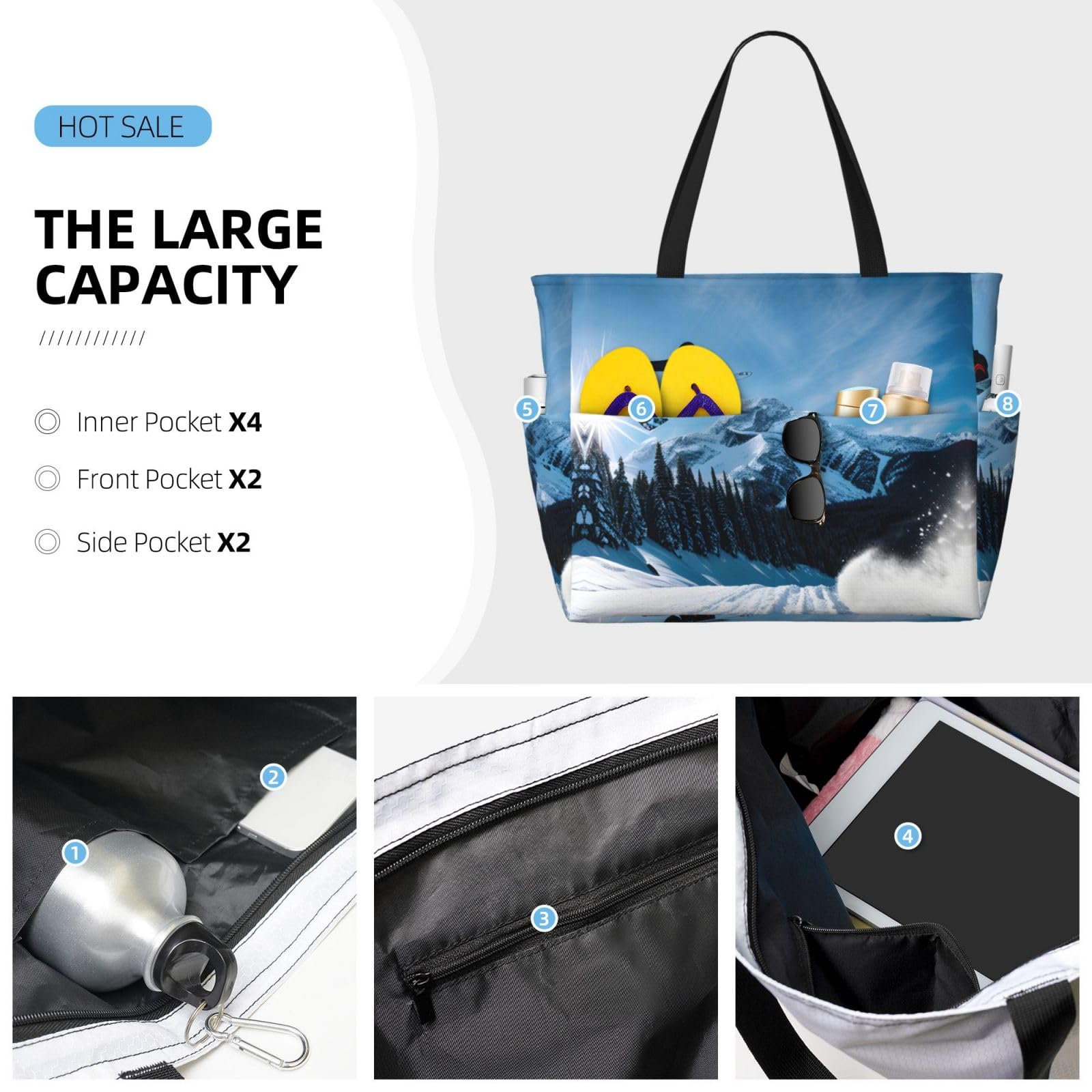 NOUZU Extra Large Snowboarding Print Beach Tote Bag for Women - Waterproof, Durable & Stylish Black Beach Travel Bag - Perfect for Beach Trips, Poolside Lounging & Summer Vacations