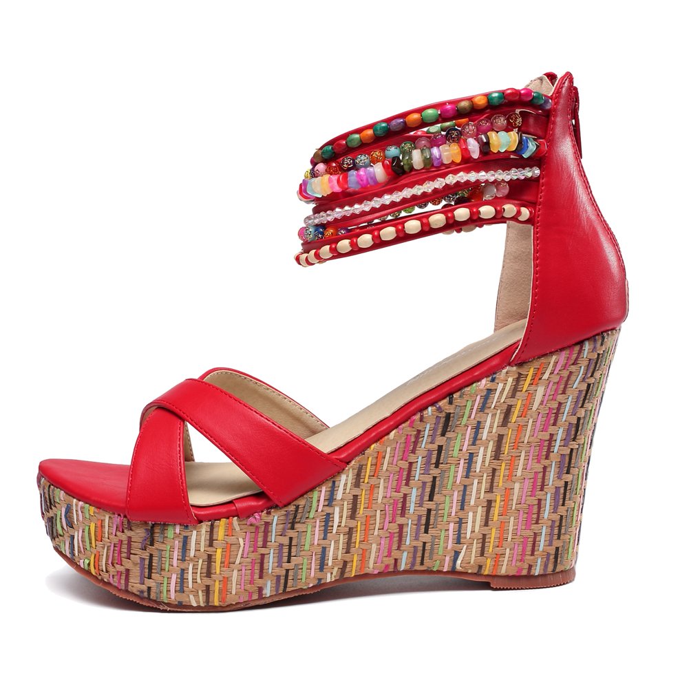 Getmorebeauty Women's Pearl Embellished Wedge Sandals - Comfortable Platform High Heels for Summer, Beach, and Casual Outings