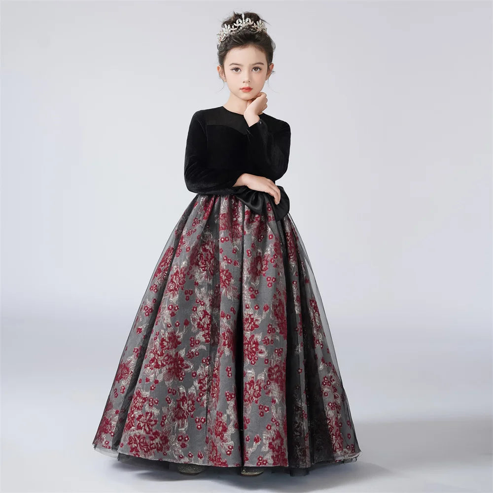 Vintage Velvet Long Sleeve Girls Party Dress - Elegant Pageant Gown for Special Occasions, Holidays & Photo Shoots