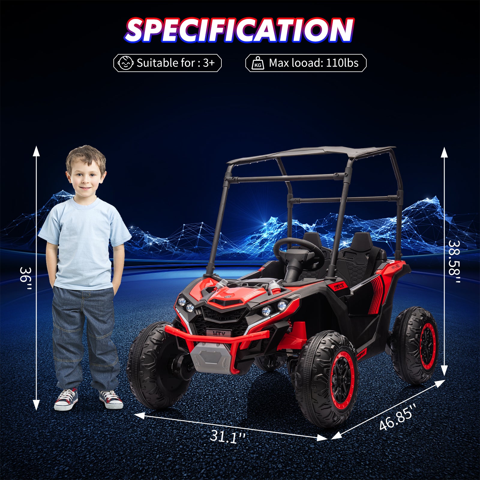 GARVEE 24V Kids Ride On UTV - 2 Seater Electric Truck with Sun Shade, 4WD Remote Control Toy Car with LED Lights & Shock Absorbers | One Click Start, Music Player | Perfect for Outdoor Play, Birthday Gifts & Backyard Adventures (Red)