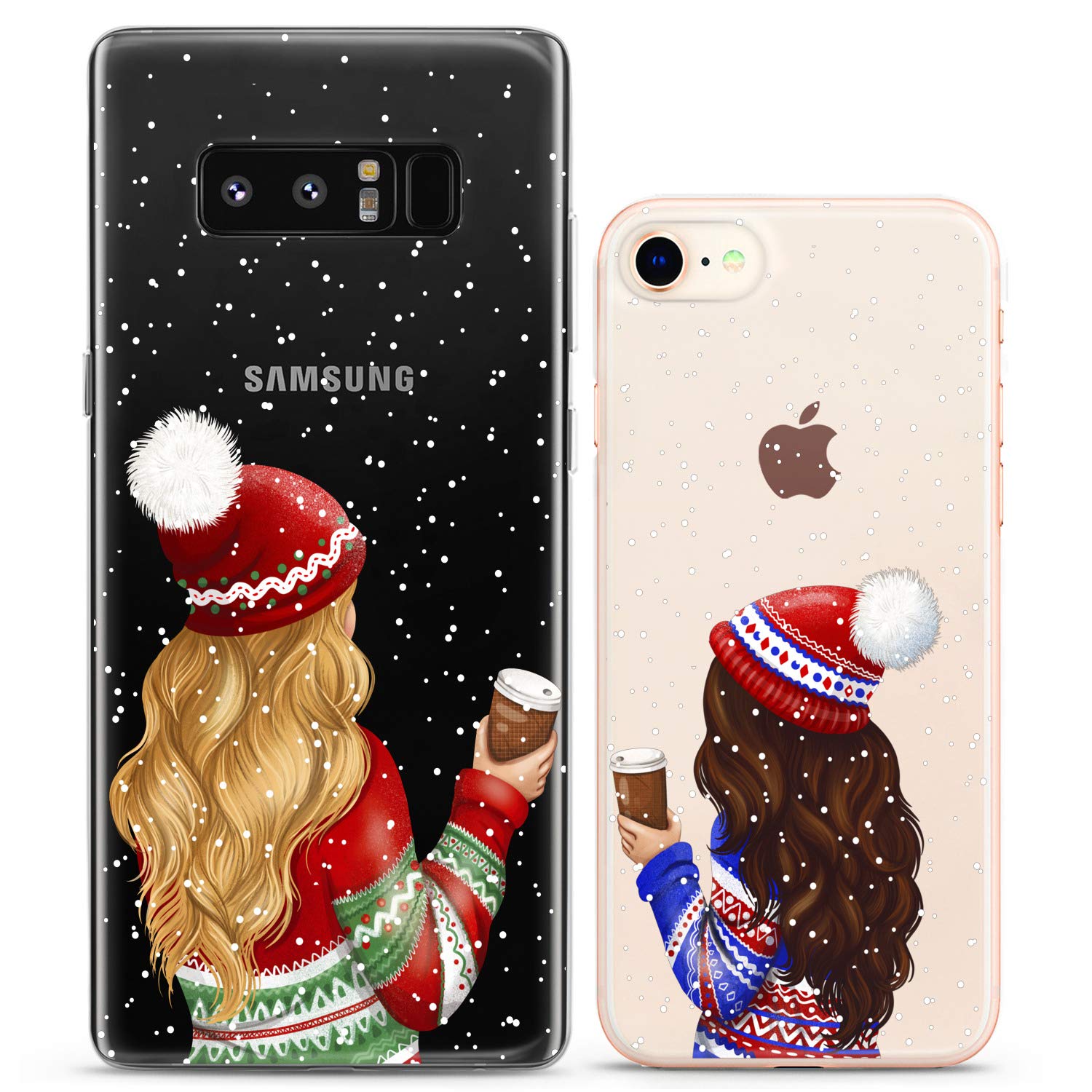 Matching Couple Phone Cases Compatible with iPhone 16/15/14/13/12/11 Pro Max/Mini/XS/X/6s/8 Plus/7/Xr/10/SE/5 - Clear Flexible Slim Cover with Coffee Girly Winter Snowy Christmas Cute Design - Perfect Gift for Couples, Anniversaries & Holidays