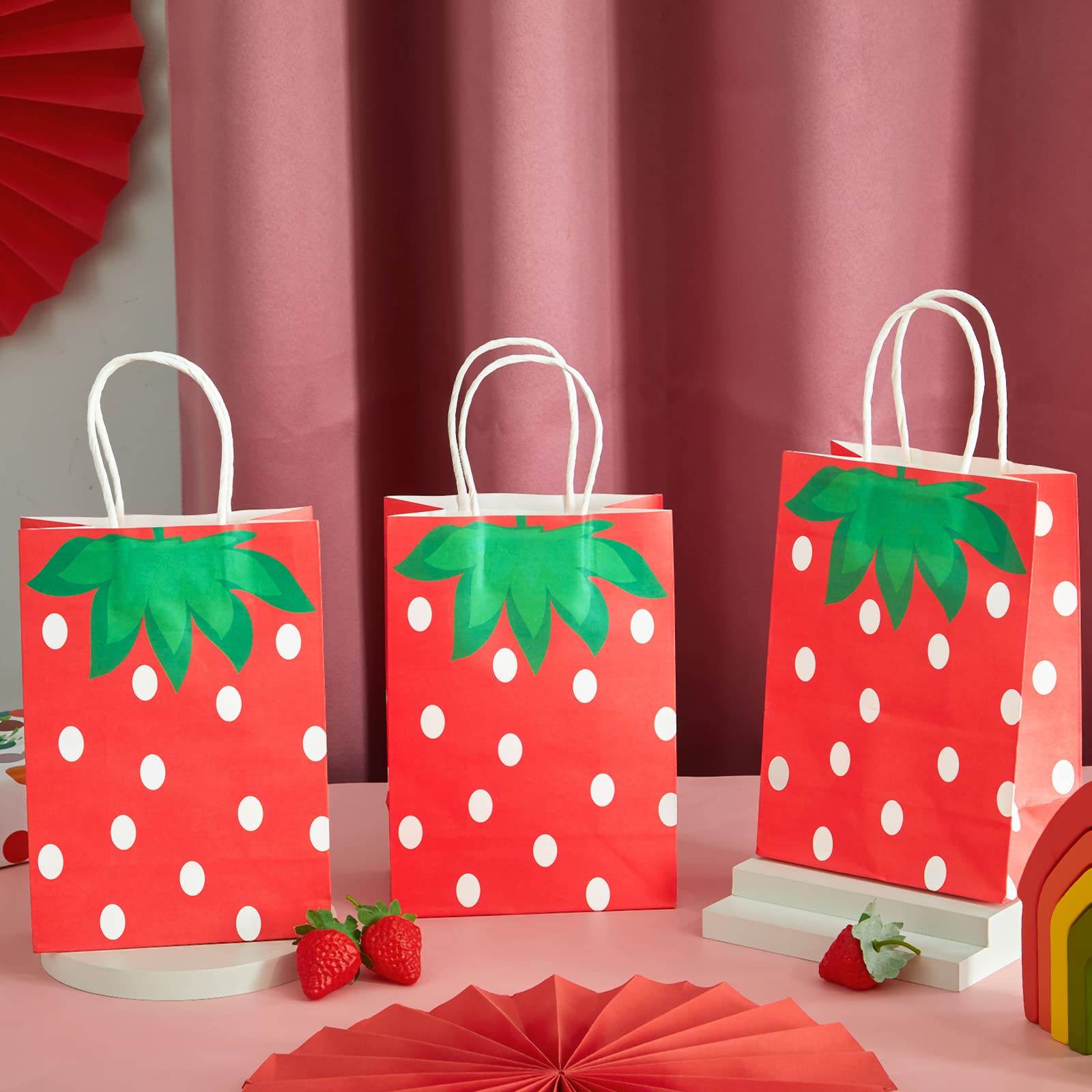 20-Piece Strawberry Party Favor Bags with Handles - Cute Strawberry Treat Candy Bags for Wedding, Birthday & Baby Shower Decorations - Perfect for Strawberry Theme Parties, Dessert Tables & Gift Packaging